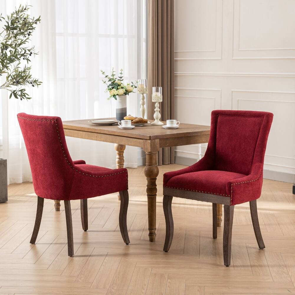 Alt View 9. Loheer - Loheer Wine Red Dining Chairs Set of 2 Burgundy Fabric Solid Wood Legs Bronze Nailhead Trim Mid-Century Modern - Wine Red.