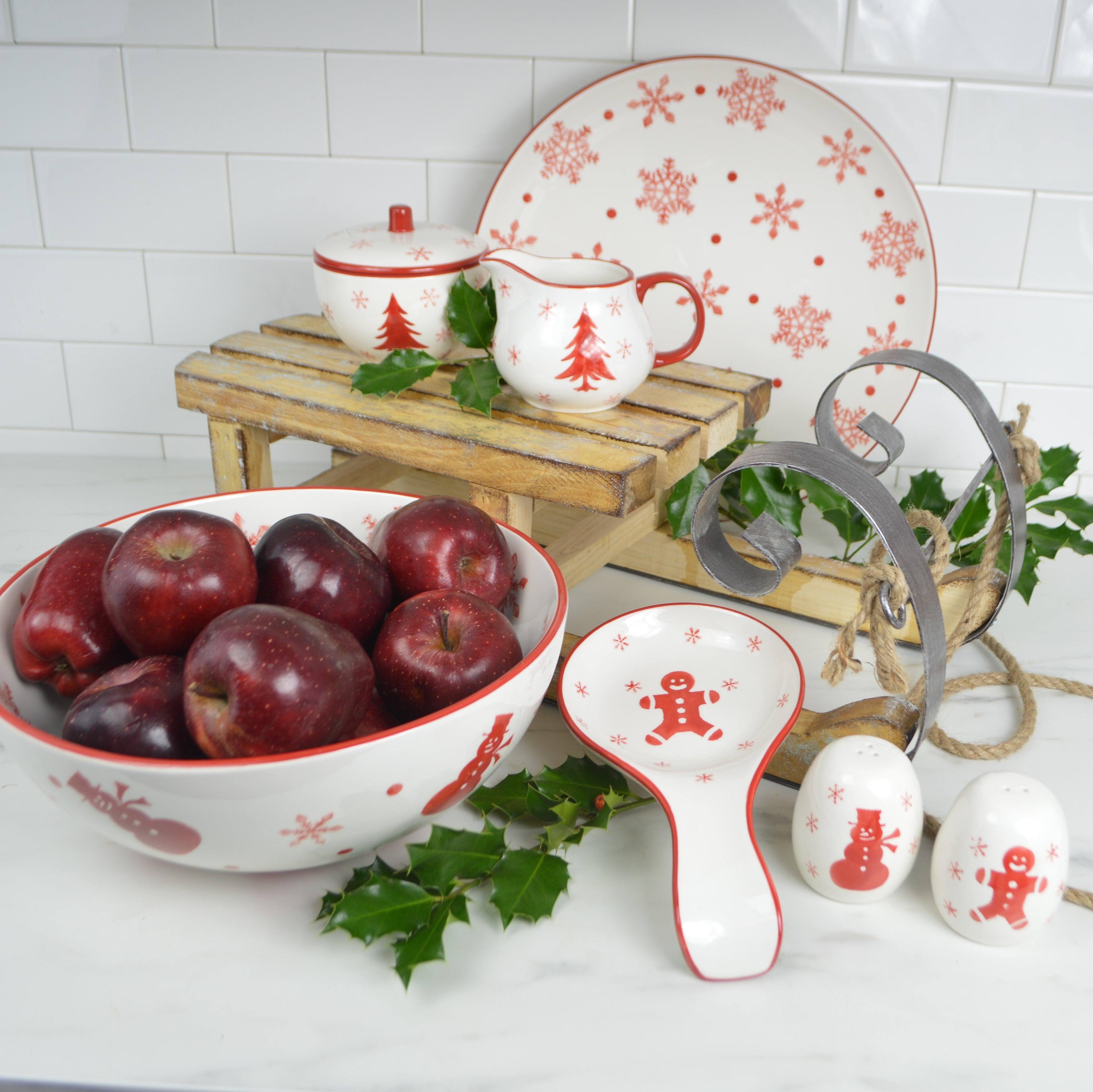 Left. Euro Ceramica Home - Winterfest Round Serving Bowl - White and Red.
