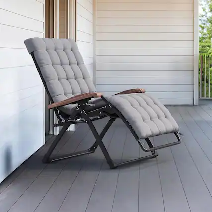 Front. PURPLE LEAF - ExtraWide Patio Reclining Chair Zero Gravity Chaise Lounge Folding Chair with Removable Cushion Adjustable Headrest - Grey.