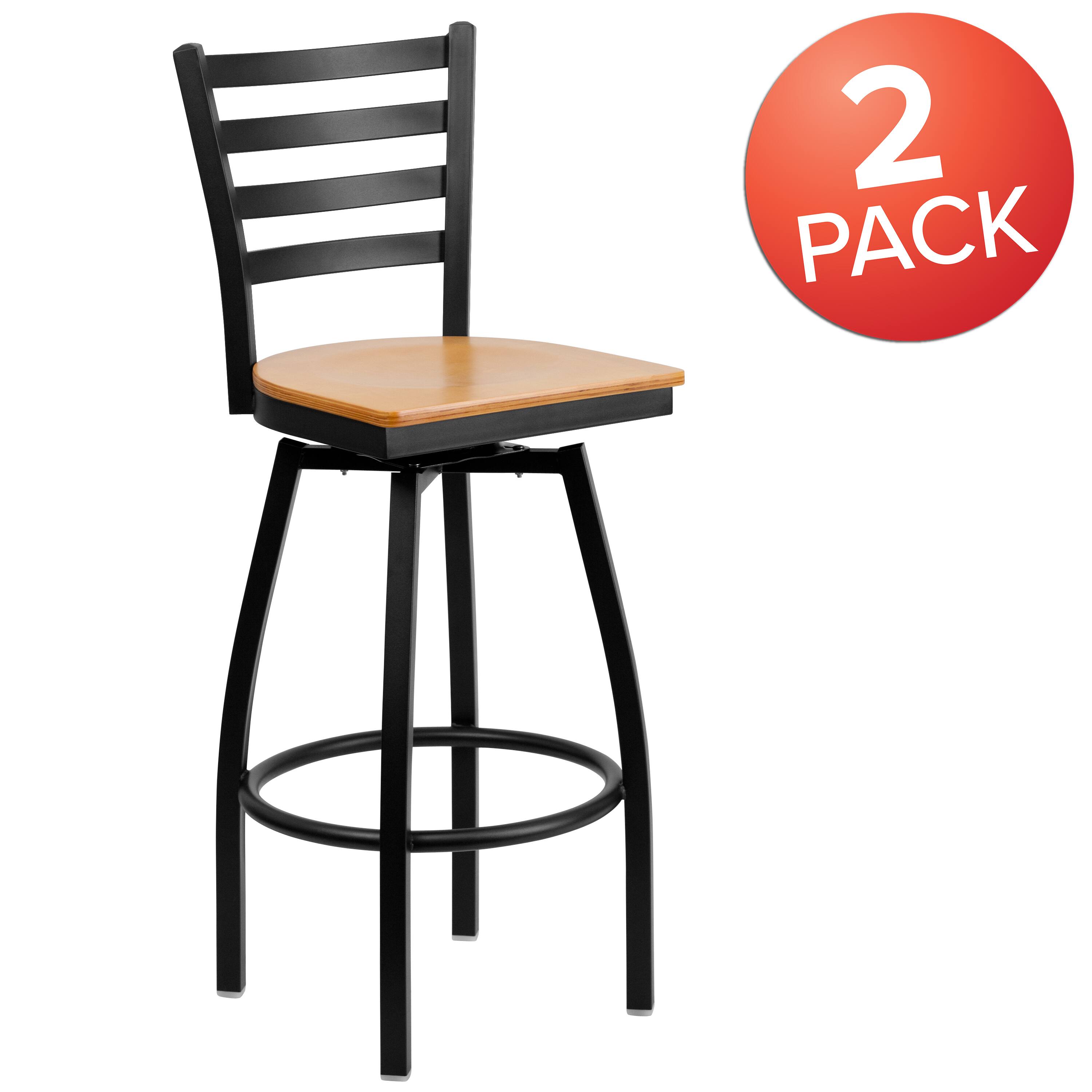 Alt View 1. Emma + Oliver - 2 Pack Ladder Back Swivel Metal Barstool - Natural Wood Seat/Black Metal Frame.
