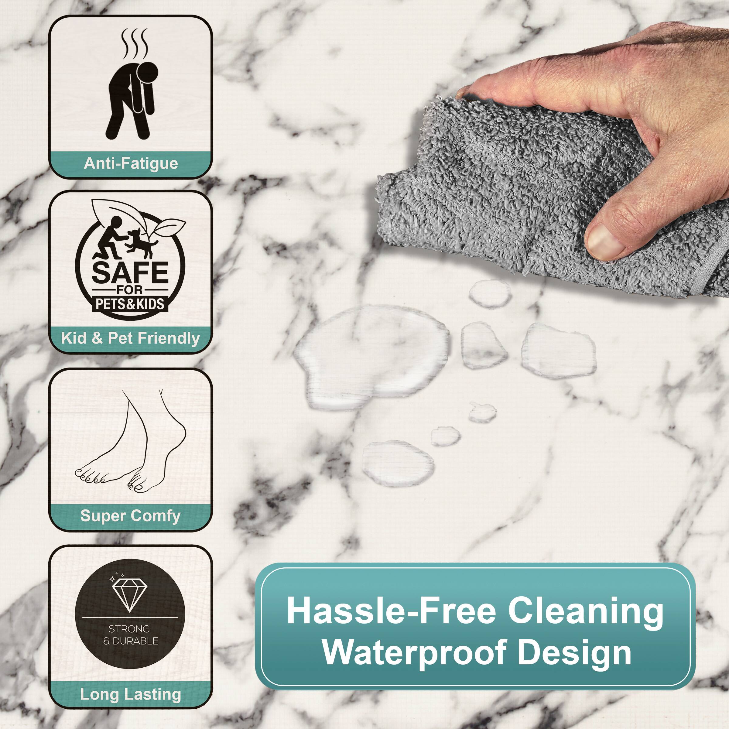 - Anti-Fatigue
- Kid & Pet Friendly
- Super Comfy
- Strong & Durable
- Long Lasting
- Hassle-Free Cleaning Waterproof Design