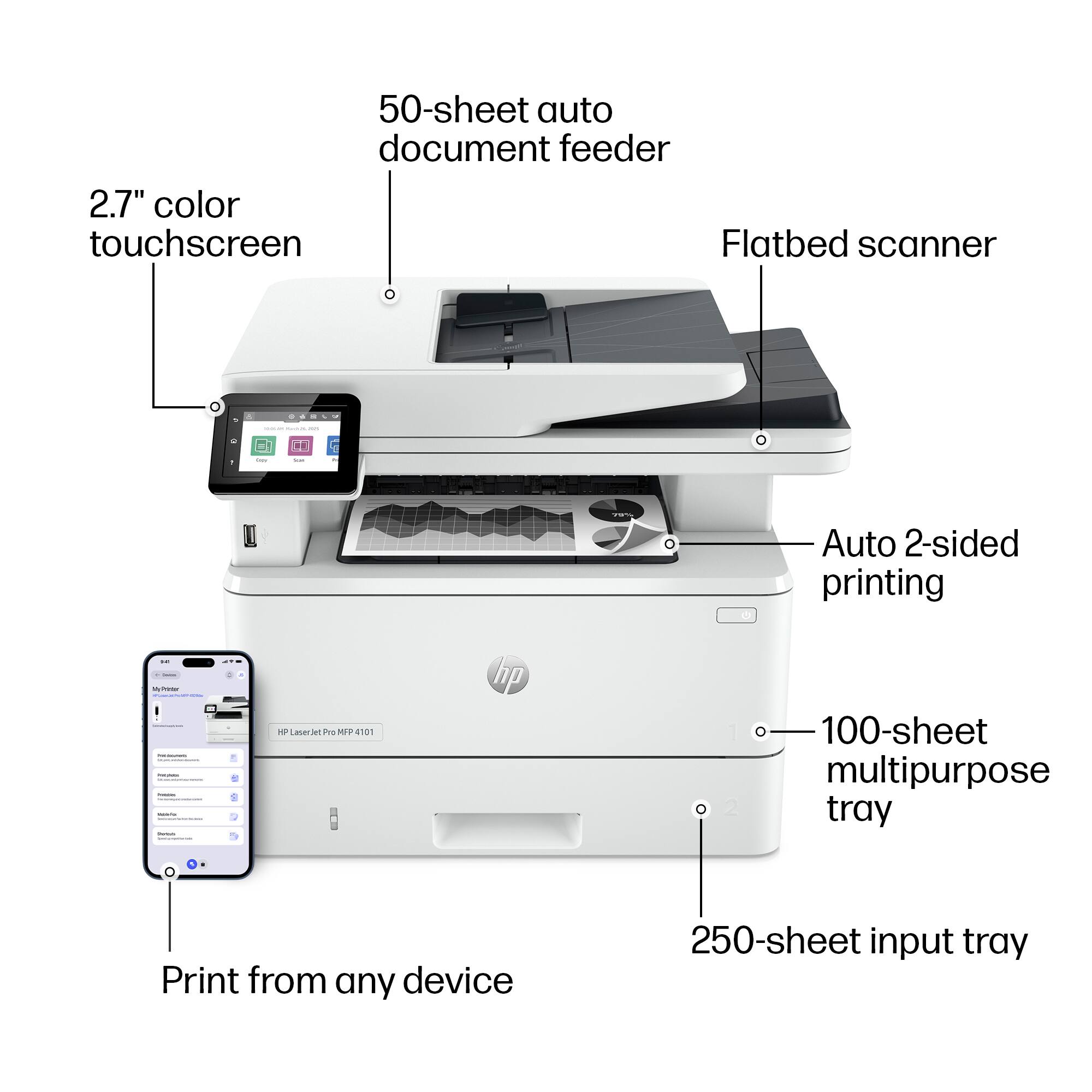 - 50-sheet auto document feeder
- 2.7" color touchscreen
- Flatbed scanner
- Auto 2-sided printing
- 100-sheet multipurpose tray
- 250-sheet input tray
- Print from any device