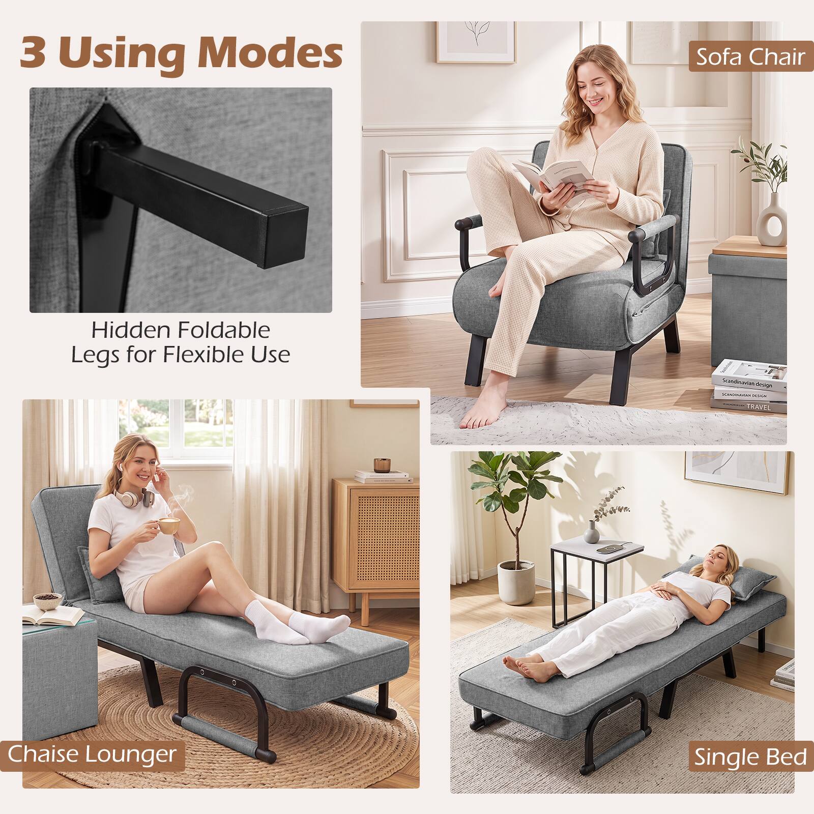 3 Using Modes Sofa Chair Hidden Foldable Legs for Flexible Use - TRAVEL Chaise Lounger Single Bed