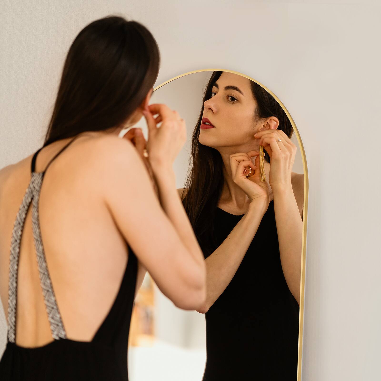 Back. DOMETOUR - 21"×64"Arched Full Length Mirror Full Body Mirror Floor Mirror Standing Hanging or Leaning Wall - Gold.