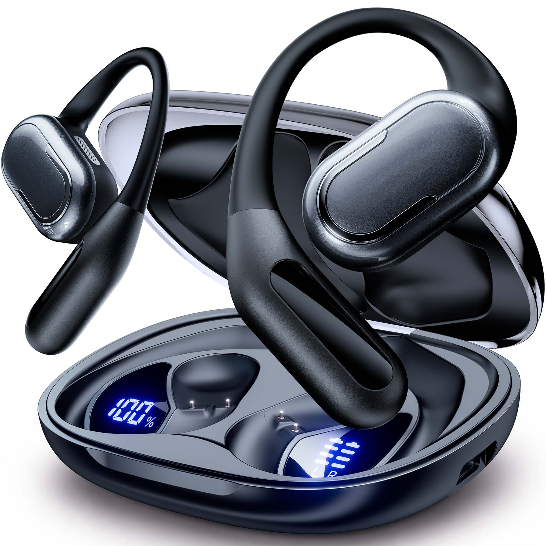 Front. VEAT00L - VEATOOL T5 Open Ear Headphones: LED Digital Display, 40H Playtime, IPX7, Fast Charging - 黑色.