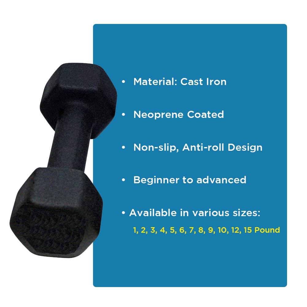 Material: Cast Iron  
Neoprene Coated  
Non-slip, Anti-roll Design  
Beginner to advanced  
Available in various sizes: 1, 2, 3, 4, 5, 6, 7, 8, 9, 10, 12, 15 Pound
