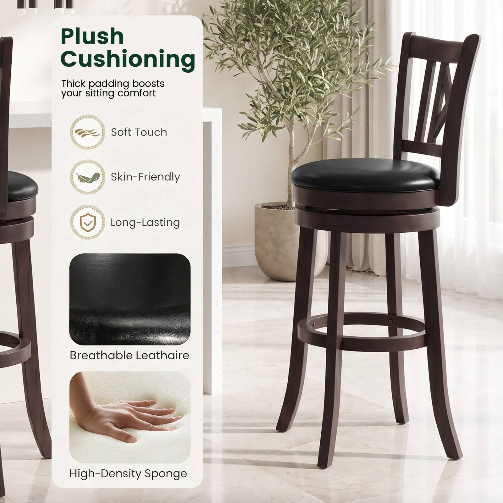 Plush Cushioning  
Thick padding boosts your sitting comfort

- Soft Touch
- Skin-Friendly
- Long-Lasting
- Breathable Leathaire
- High-Density Sponge