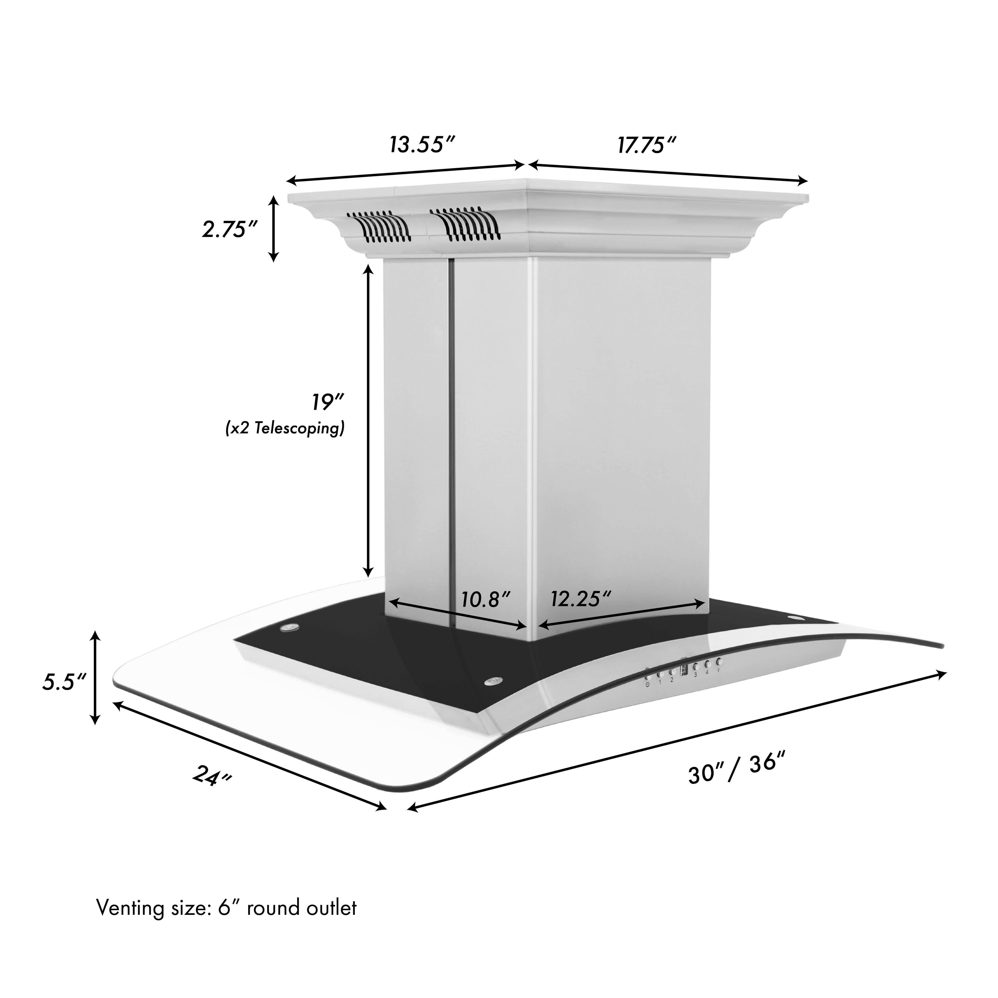 13.55" 17.75" 2.75" 19" (x2 Telescoping) 10.8" 12.25" 5.5" 24" 30"/36" Venting size: 6" round outlet