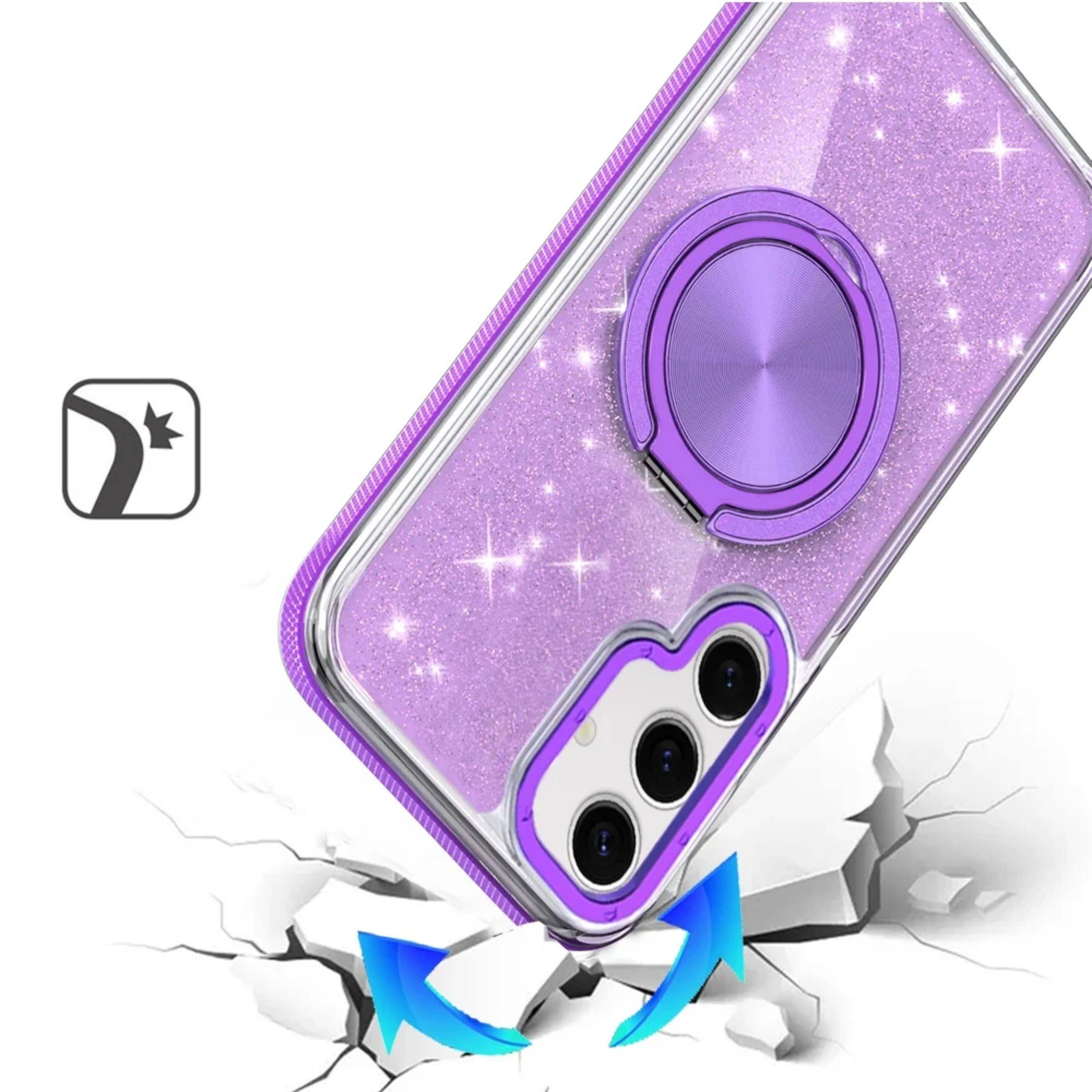 Left. Kitcheniva - Magnetic Circle Stand Full Glitter Plus Tempered Glass For Samsung S25/S24 Purple - Purple.