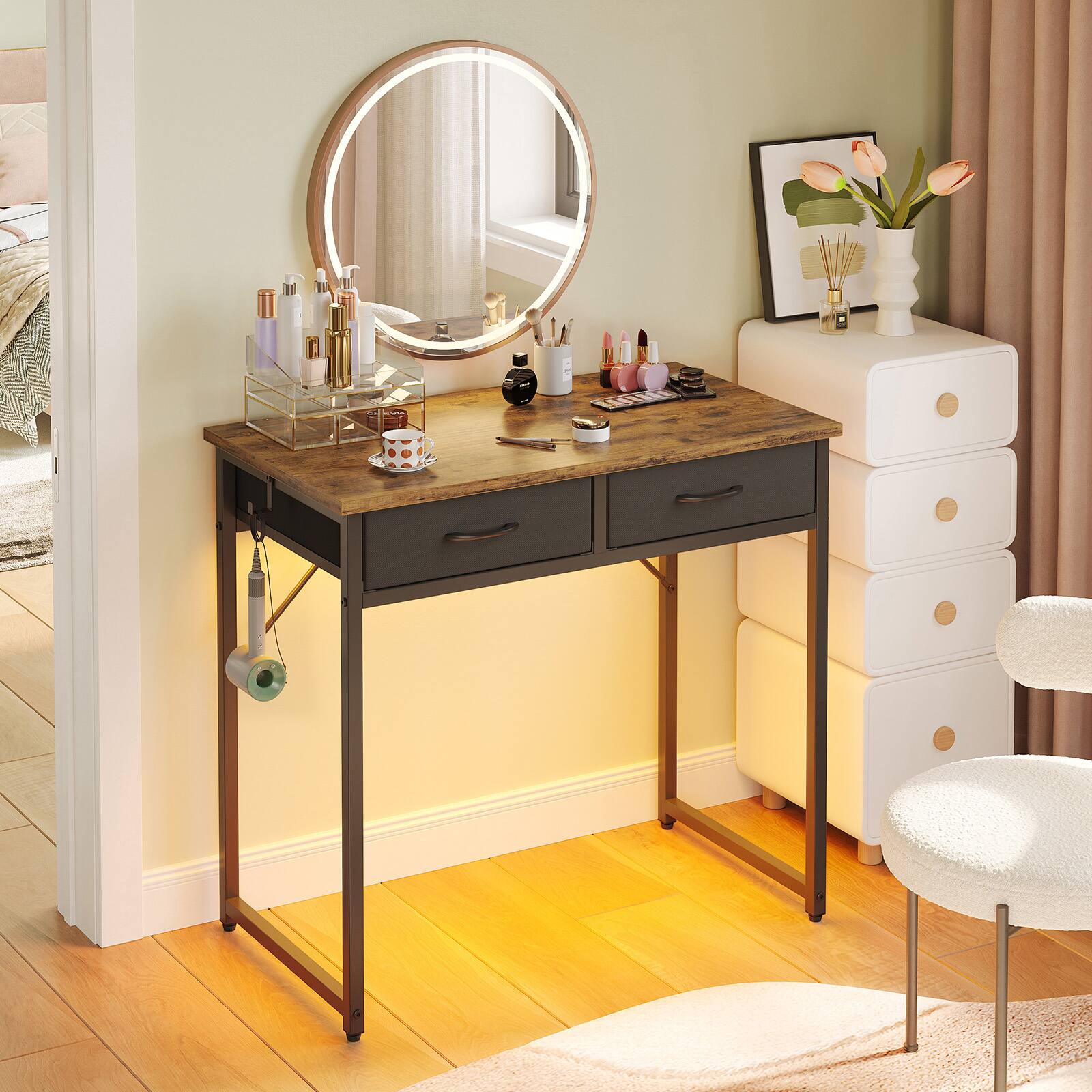 Angle. Pinmoco - Pinmoco - 32 Inch LED Writing Desk Office Desk Computer Desk Kids Study Desk Vanity Desk with RGB Lights & Smart Storage - Rustic Brown.