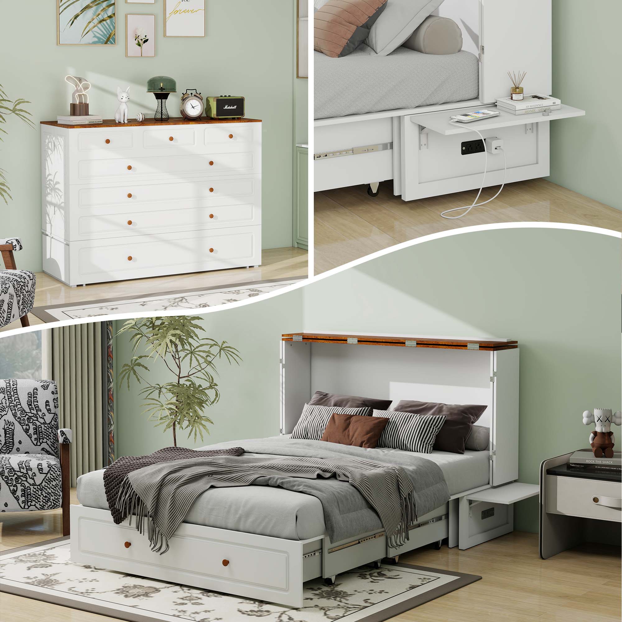 Livelylodge - Queen Murphy Bed Cabinet with USB Charging Ports & Storage Drawers - Elegant Design for Guest Rooms - White