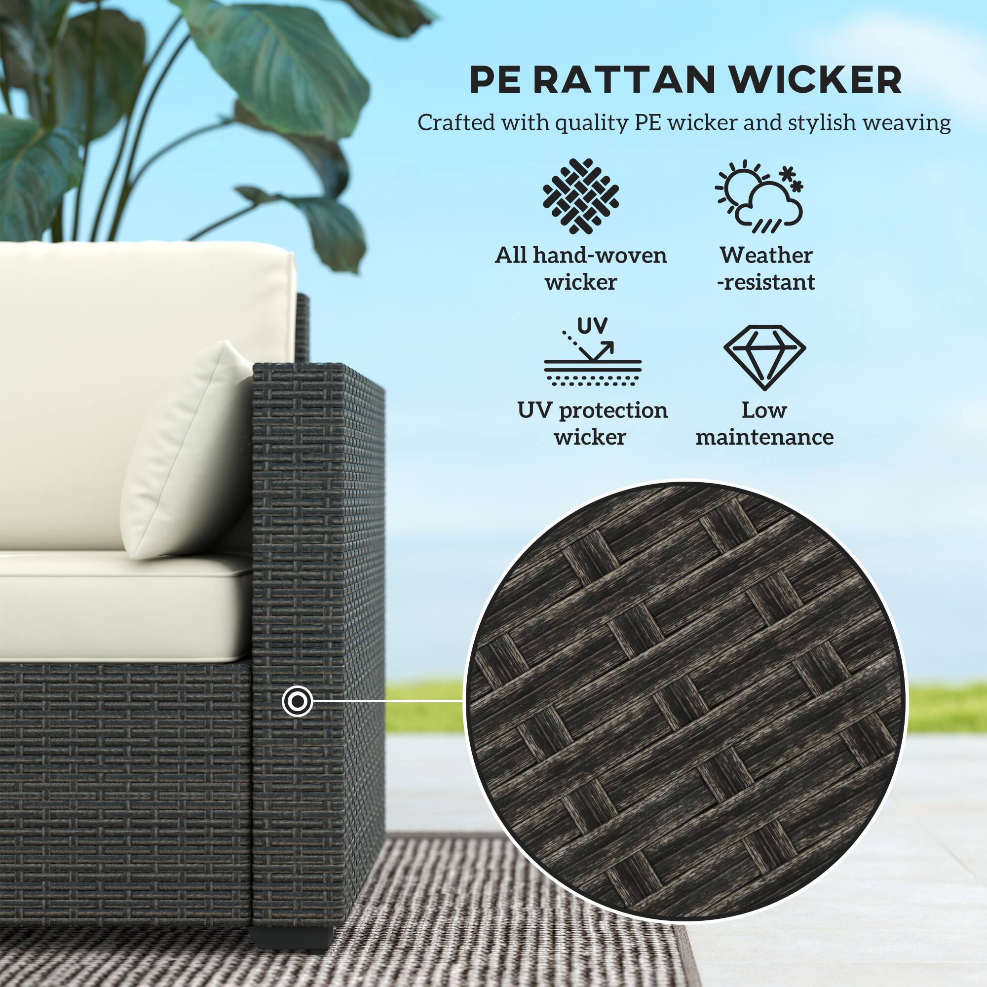 PE RATTAN WICKER Crafted with quality PE wicker and stylish weaving

All hand-woven wicker
Weather-resistant
UV protection
Low maintenance