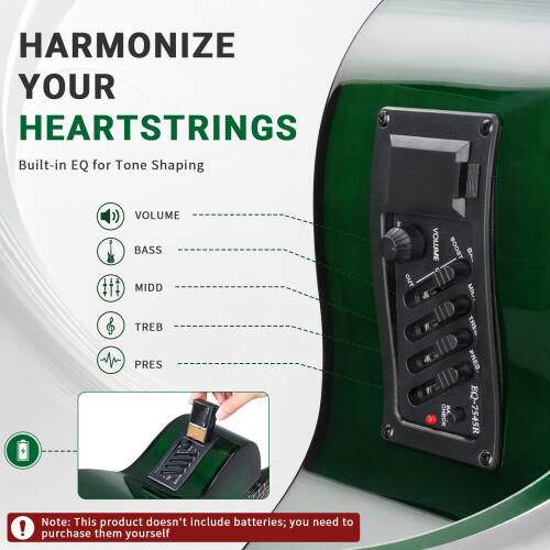 HARMONIZE YOUR HEARTSTRINGS  
Built-in EQ for Tone Shaping

VOLUME  
BASS  
MIDD  
TREB  
PRES  

Note: This product doesn't include batteries; you need to purchase them yourself

OUT  
VOLUME  
BOOST THE PRES CHECK EQ-7545R