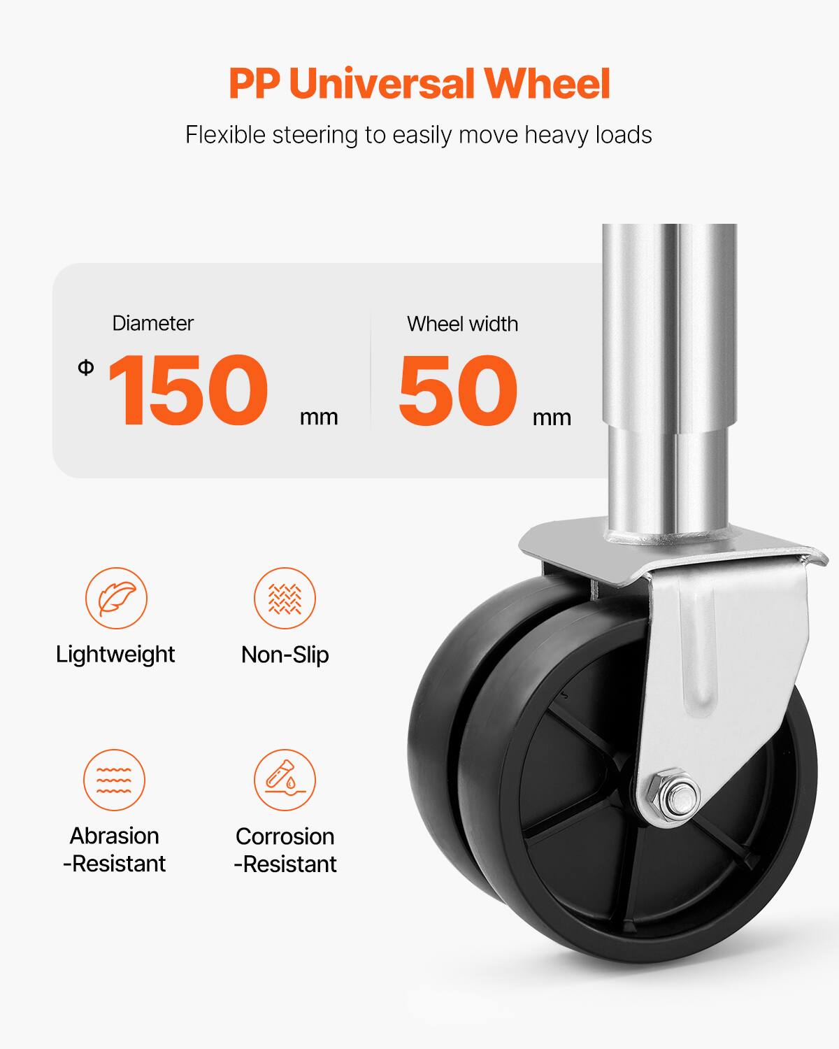 PP Universal Wheel

Flexible steering to easily move heavy loads

Diameter: 150 mm
Wheel width: 50 mm

Lightweight
Non-Slip
Abrasion-Resistant
Corrosion-Resistant