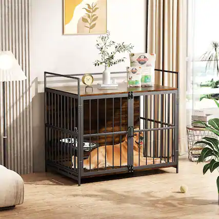 Front. Pefilos - 41" Dog Crate Furniture with 360° Rotating & Adjustable Elevated Feeding Station, Spacious for Large Dogs.