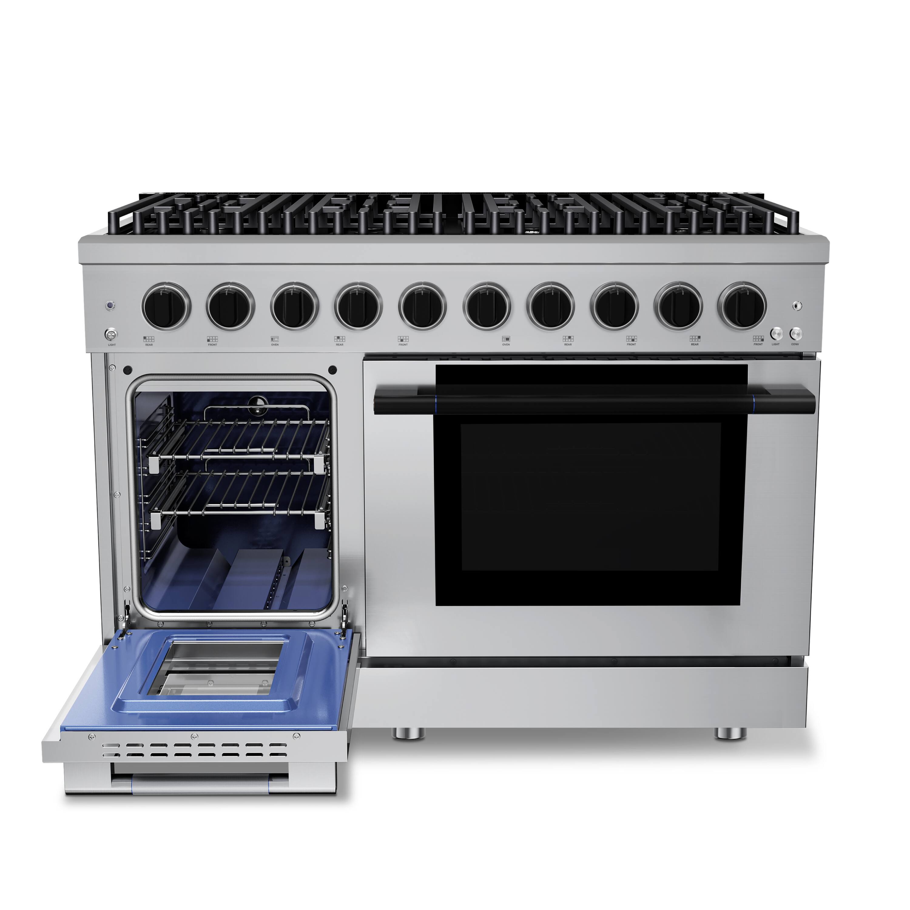 Angle. Hauslane - HausPro 48 in. 8 Burners Gas Range in Matte Black with 20,000 BTU and Double Oven with 5 Rack Positions - Matte Black.