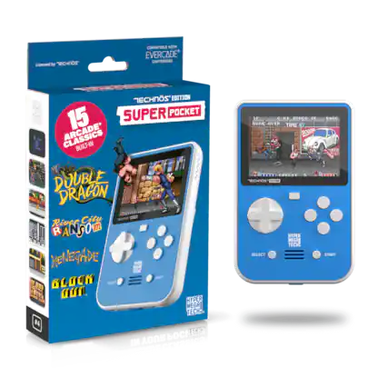 Licensed by TECHNOS COMPATIBLE WITH EVERCADE CARTRIDGES
TECHNOS EDITION
SUPER POCKET
15 ARCADE* BUILT-IN
DOUBLE DRAGON
River City RANSOM
RENEGADE
BLOCK OUT
HYPER MEGAI TECH: #4
SELECT START - RP (Rating Pending)