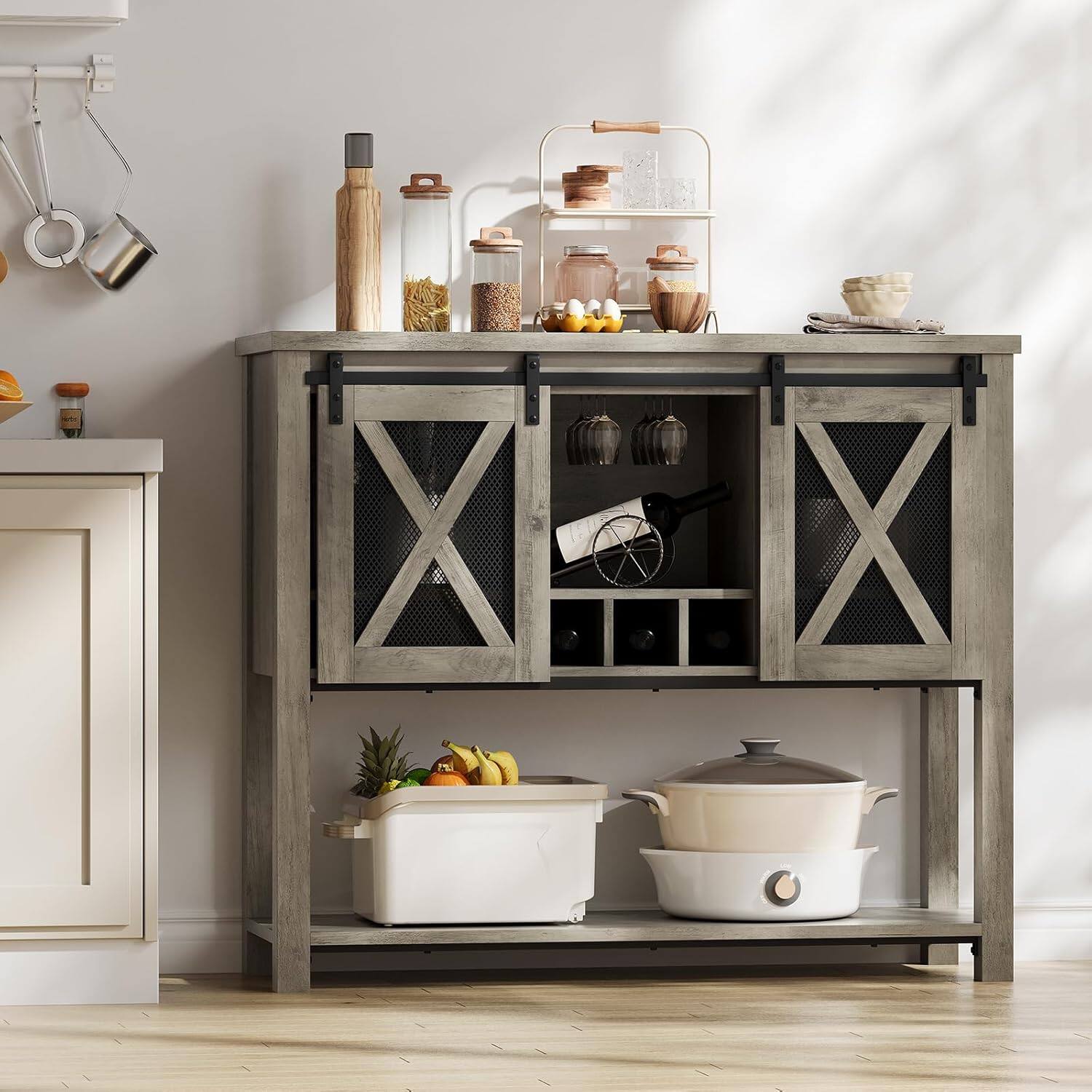 Front. Qeetex - 46.5" Heavy-Style bar Cabinet, Kitchen Storage Cabinet with Sliding barn Doors, Featuring 10 Storage compartments, Gray - Grey.