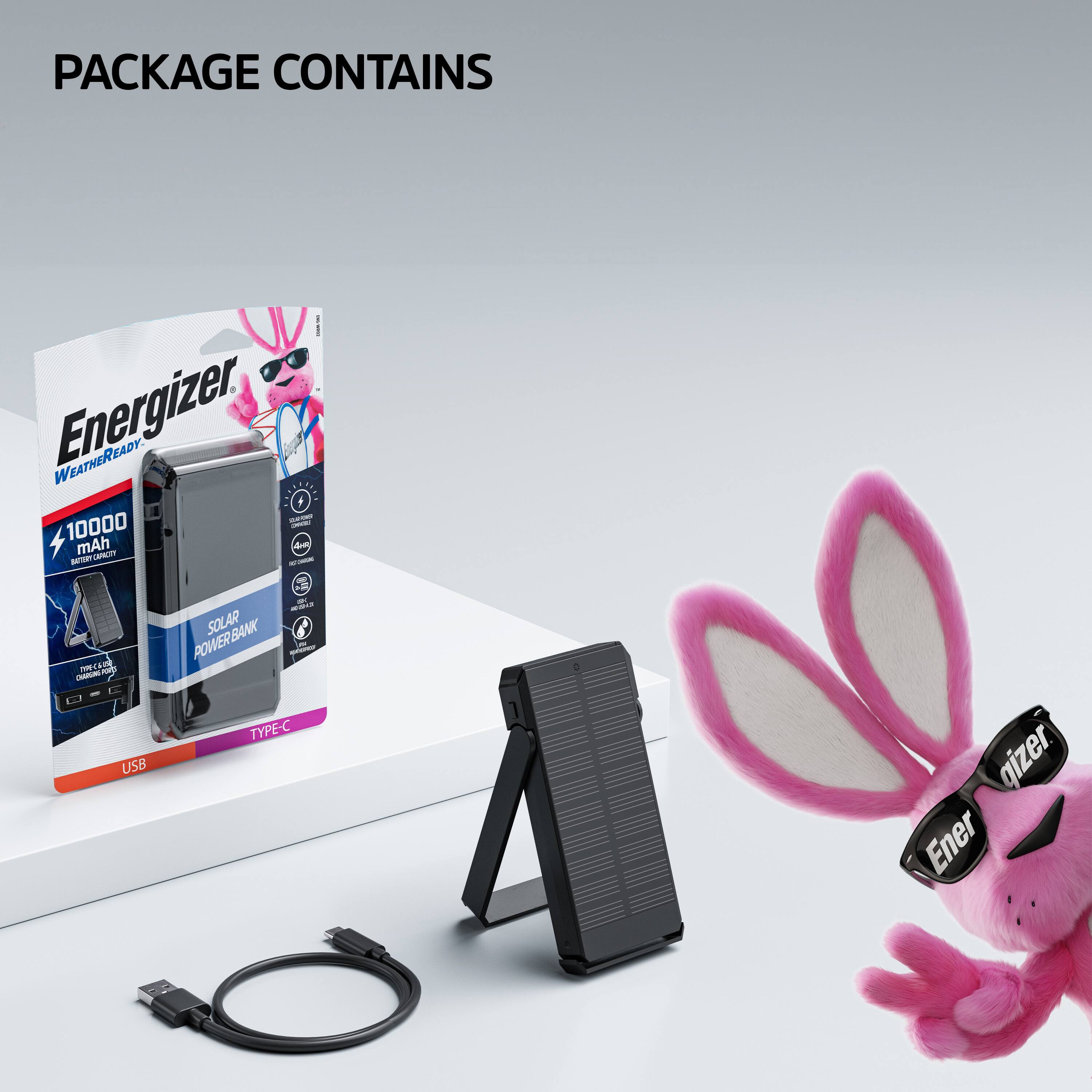 PACKAGE CONTAINS

Energizer WEATHERREADY

10000 mAh

SOLAR POWER BANK

TYPE-C USB

Energizer