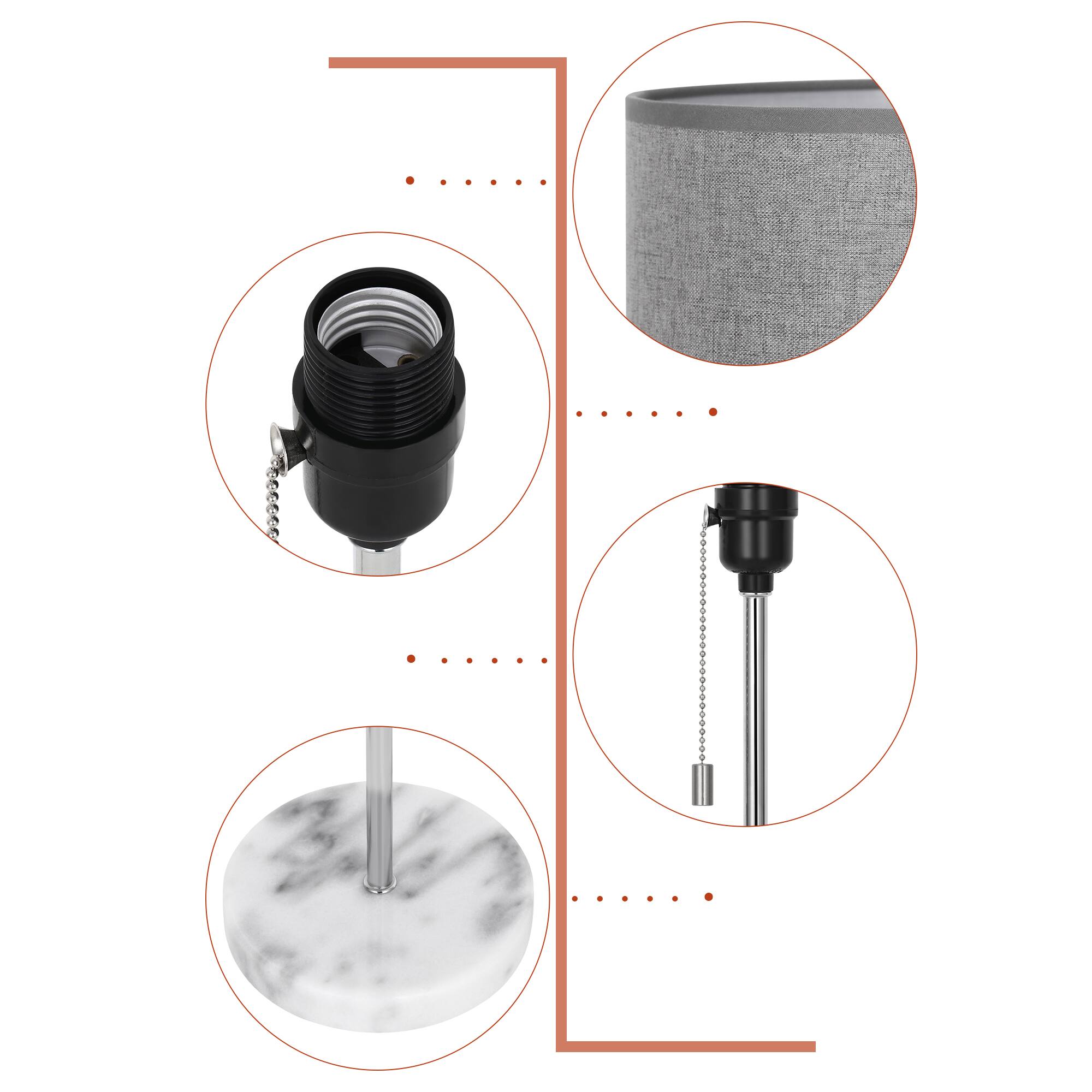 1. The image shows a cylindrical speaker with a fabric cover.
2. The speaker has a black base with a threaded metal rod extending from it.
3. The metal rod is inserted into a marble surface.
4. The base has a spring mechanism for adjusting the height.