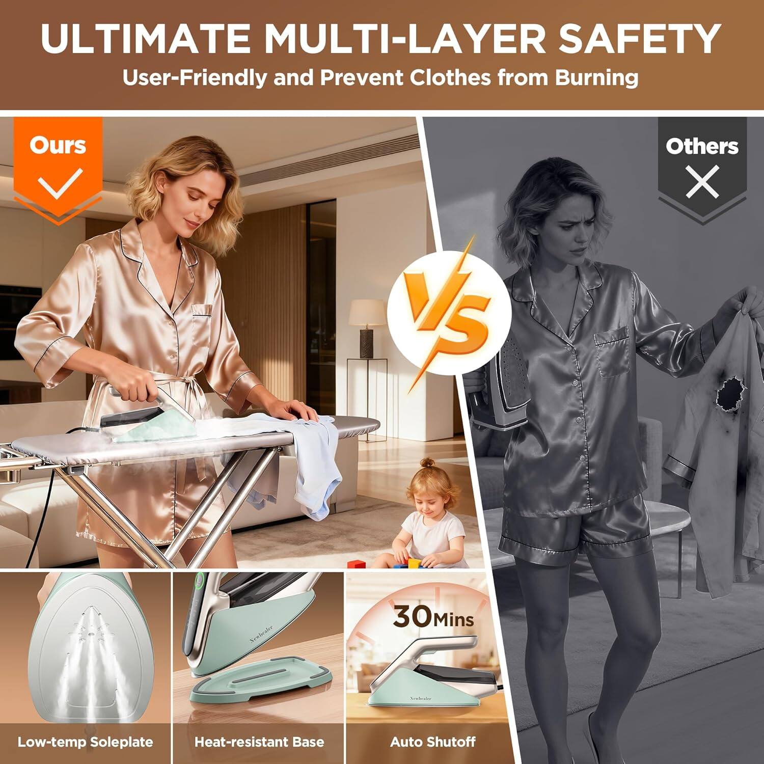 ULTIMATE MULTI-LAYER SAFETY  
User-Friendly and Prevent Clothes from Burning  

Ours  
Low-temp Soleplate  
Heat-resistant Base  
Auto Shutoff  

Others  
30Mins