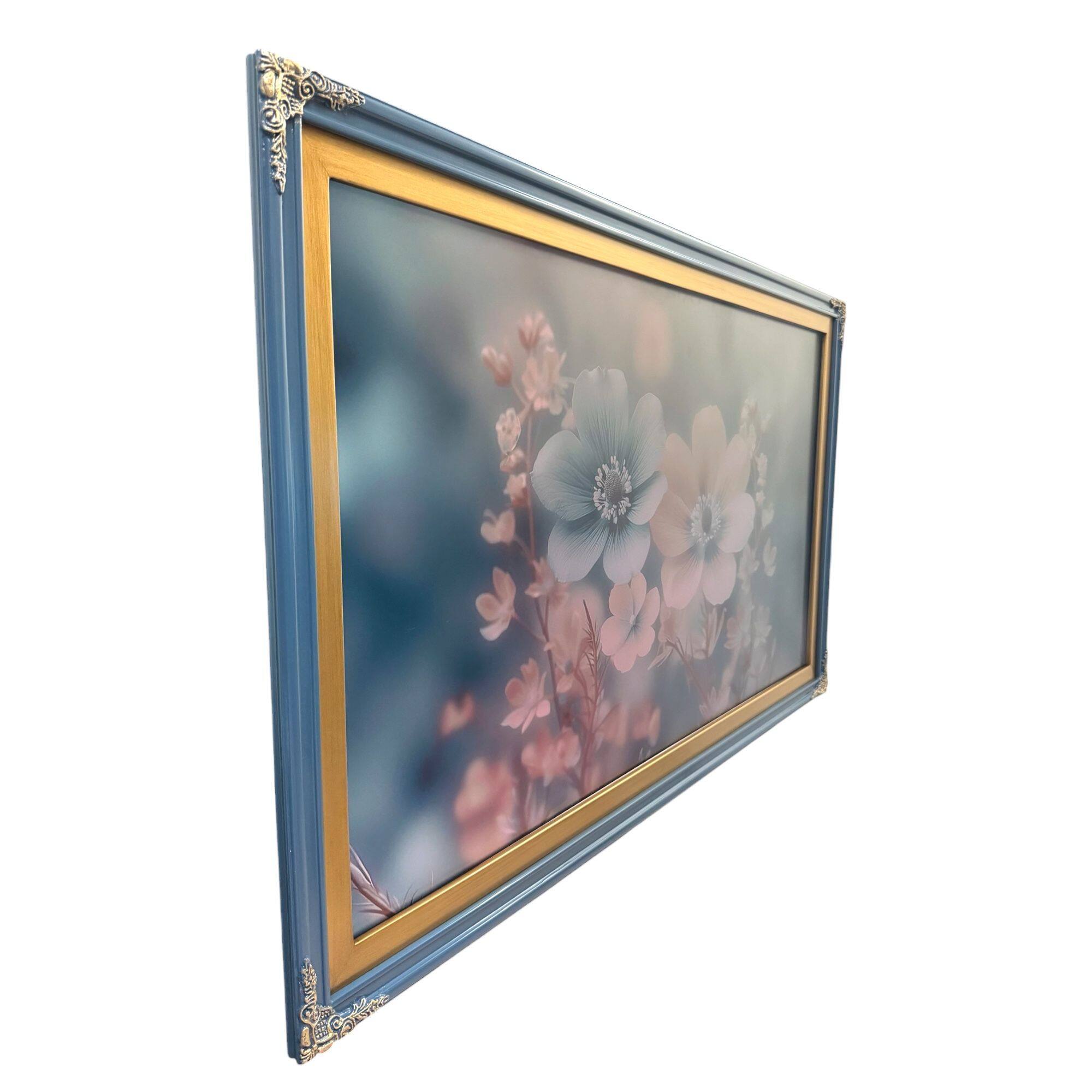 Angle. LAREDO FRAME FACTORY - 75 inch Handmade Ornate Tv Frame For TCL A300W NXTVISION Tv - HONKY TONK BLUE WITH GOLD ACCENTS.