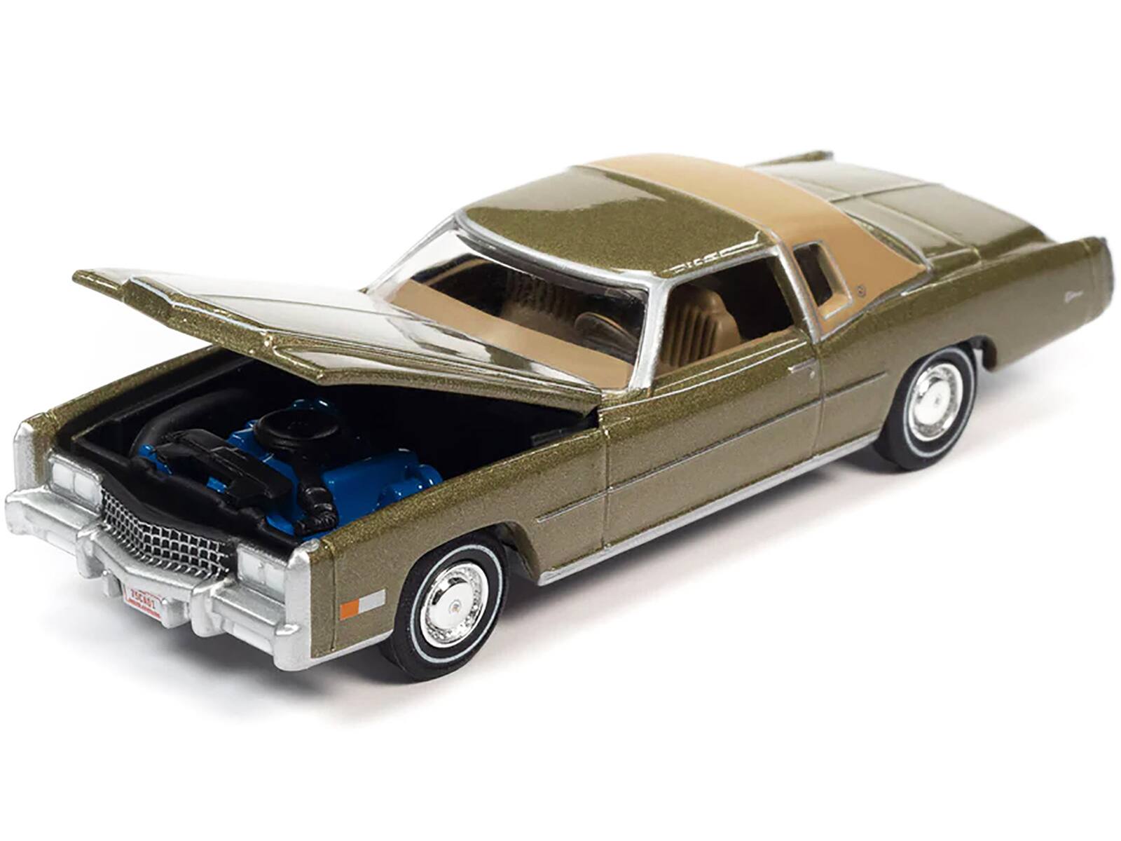 Angle. Autoworld - 1975 Cadillac Eldorado Tarragon Gold Metallic Sandalwood Tan Roof Luxury Cruisers Limited 14910 1/64 Diecast Auto World - Gold Metallic.