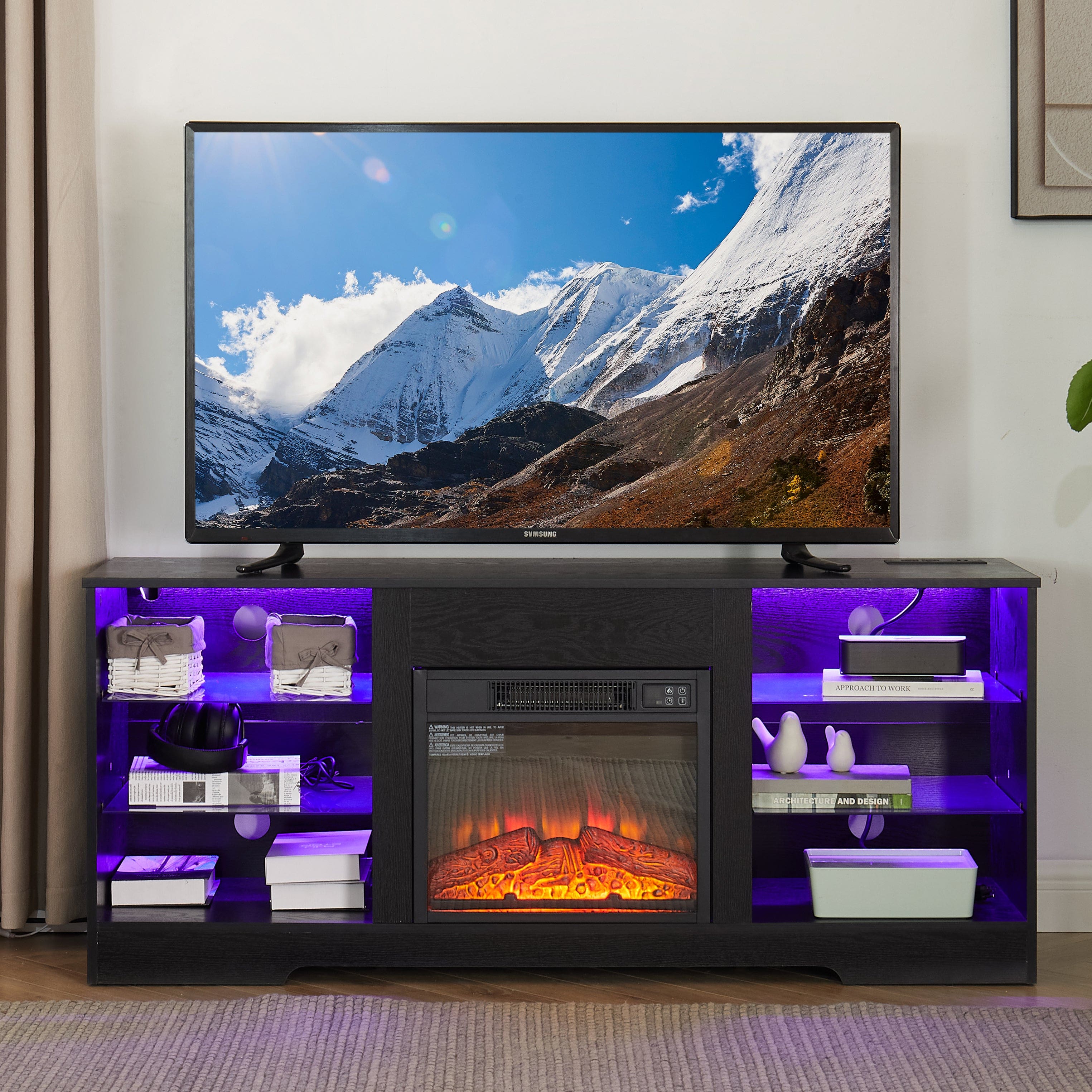 Boyel Living - 58In Wood TV Stand with Electric Fireplace Glass Shelves LED Lights USB Charging Fits 62In TV - Black