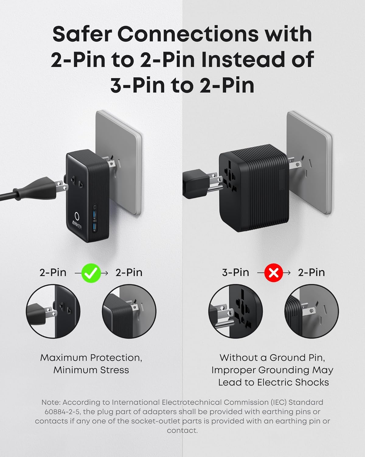 Safer Connections with 2-Pin to 2-Pin Instead of 3-Pin to 2-Pin

2-Pin 2-Pin

Maximum Protection, Minimum Stress

3-Pin X 2-Pin

Without a Ground Pin, Improper Grounding May Lead to Electric Shocks

Note: According to International Electrotechnical Commission (IEC) Standard 60884-2-5, the plug part of adapters shall be provided with earthing pins or contacts if any one of the socket-outlet parts is provided with an earthing pin or contact.