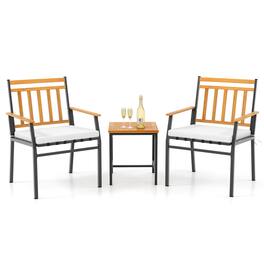 Gymax - 3 PCS Acacia Wood Bistro Set Patio Conversation Set w/ Cushions and Coffee Table - Off White