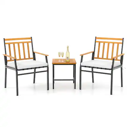 Front. Gymax - Gymax 3 PCS Acacia Wood Bistro Set Patio Conversation Set w/ Cushions and Coffee Table - Off White.