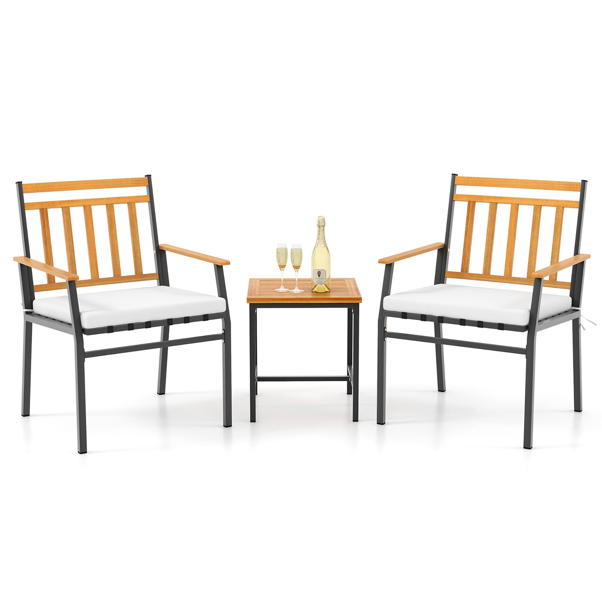 Front. Gymax - Gymax 3 PCS Acacia Wood Bistro Set Patio Conversation Set w/ Cushions and Coffee Table - Off White.