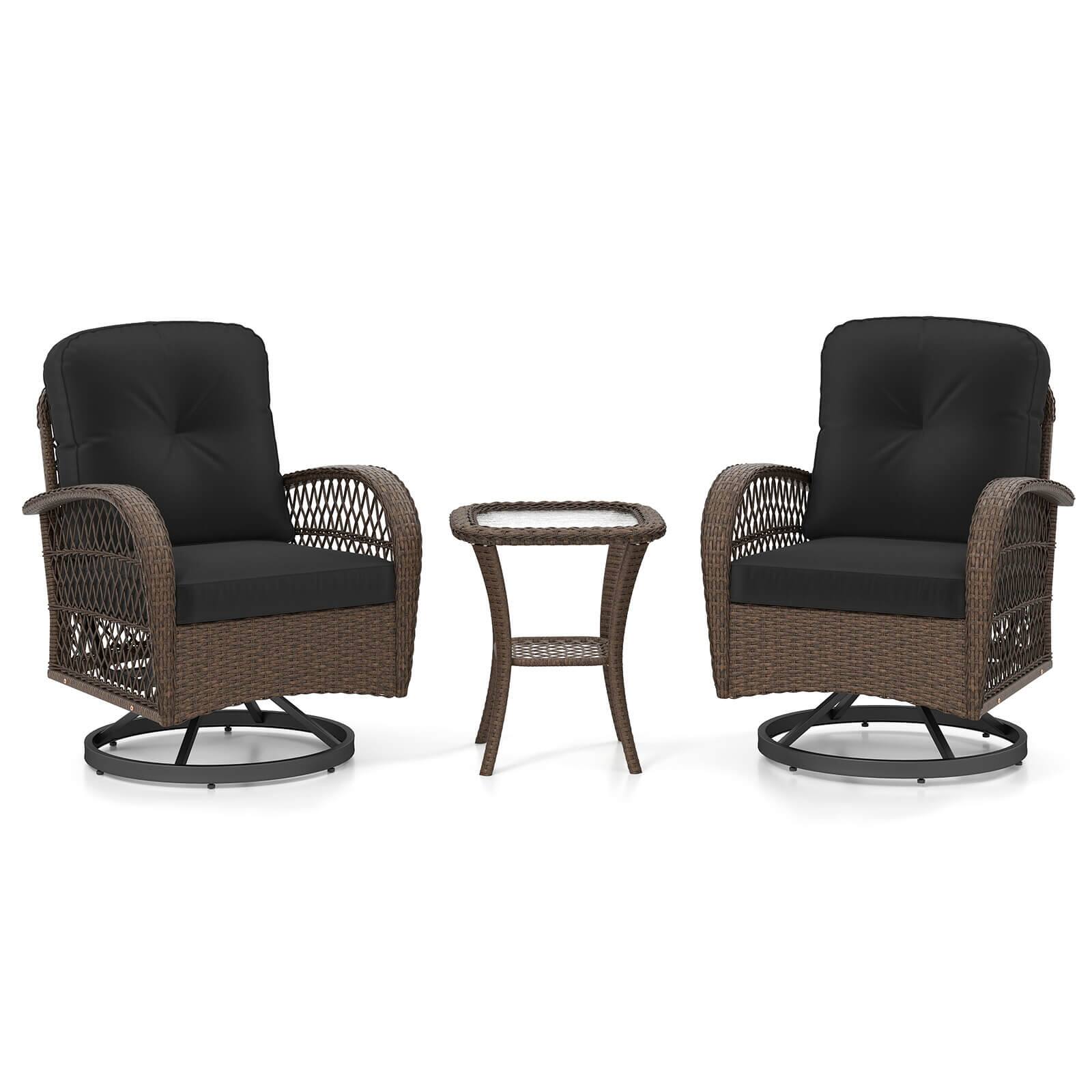 Alt View 9. Costway - Costway 3 PCS Patio Swivel Rocker Set Gliding Bistro Furniture Set with Tempered Glass Table - Mix Brown + Black.