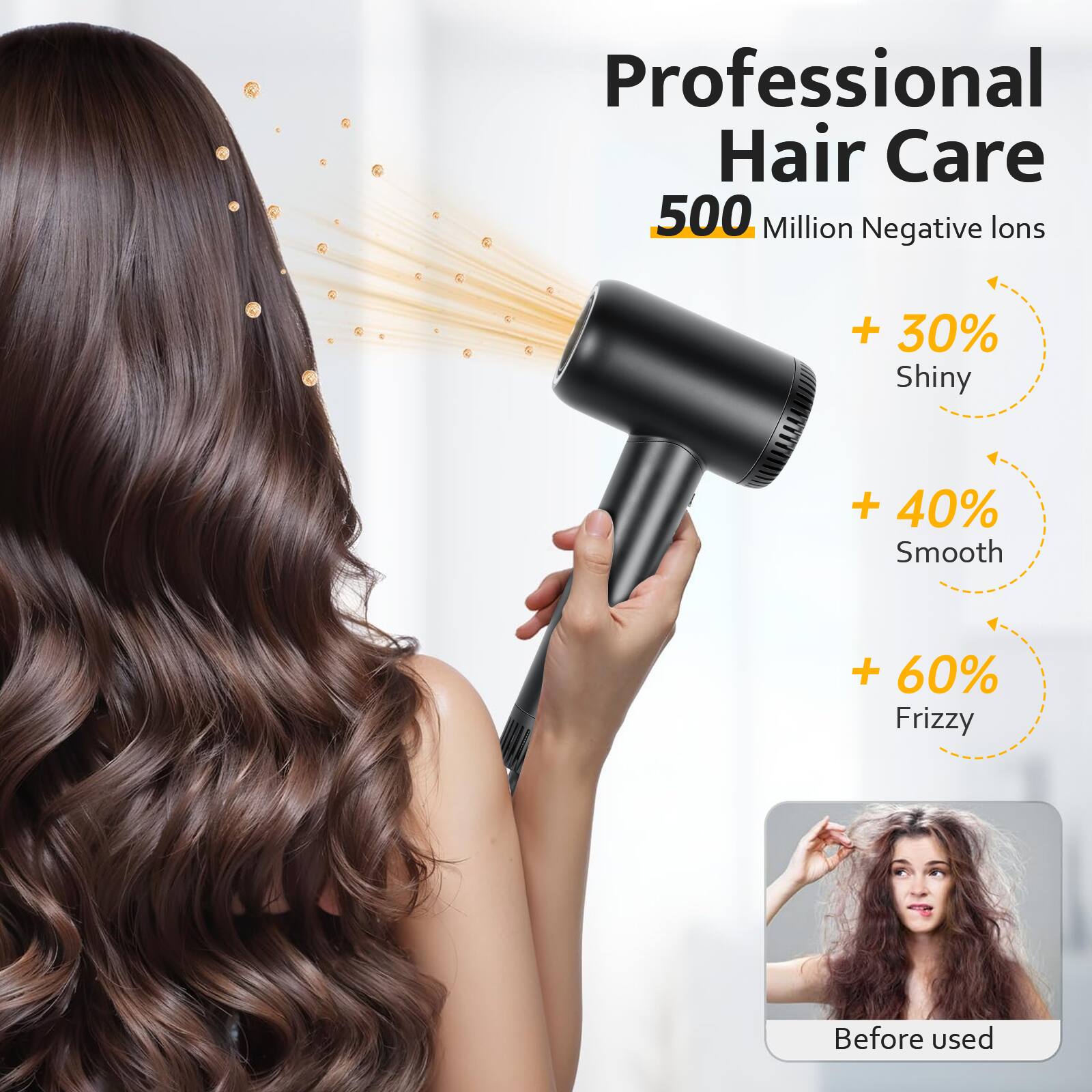 Professional Hair Care  
500 Million Negative Ions  
+ 30% Shiny  
+ 40% Smooth  
+ 60% Frizzy  
Before used