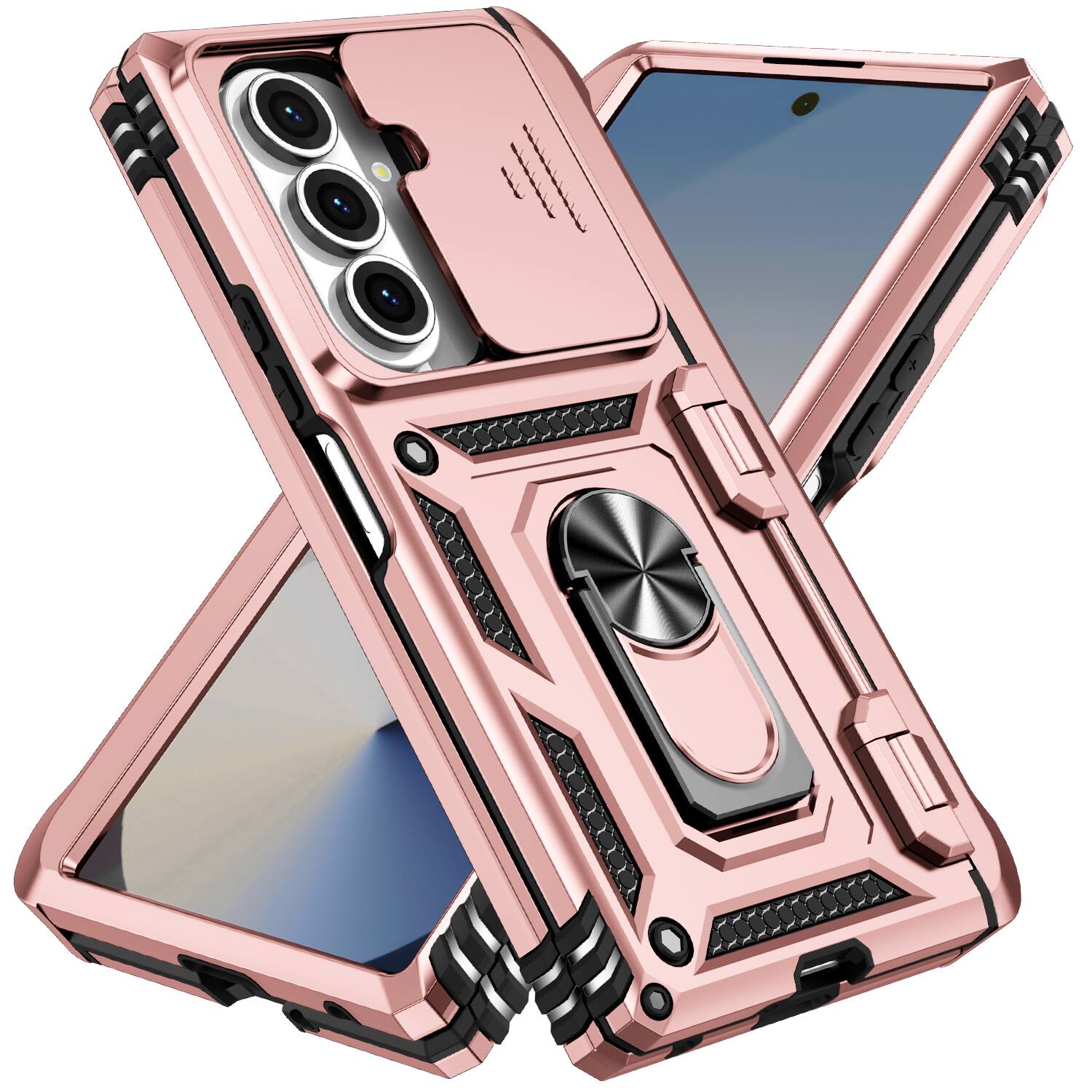 Angle. Dteck - For Samsung Galaxy Z Fold 7 Heavy Duty Rugged Case Sliding Lens Cover Ring Kickstand Hinge Protection Cover Pen Hoder - Rosegold.