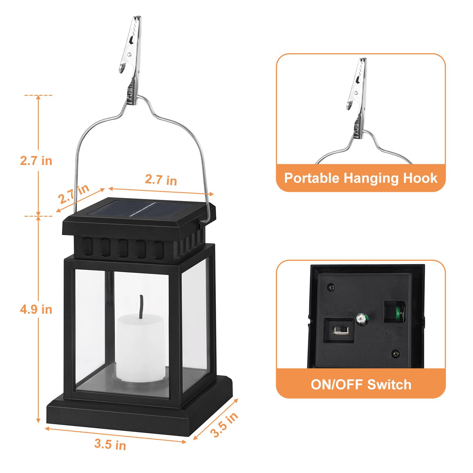 2.7 in Portable Hanging Hook  
4.9 in ON/OFF Switch  
3.5 in
