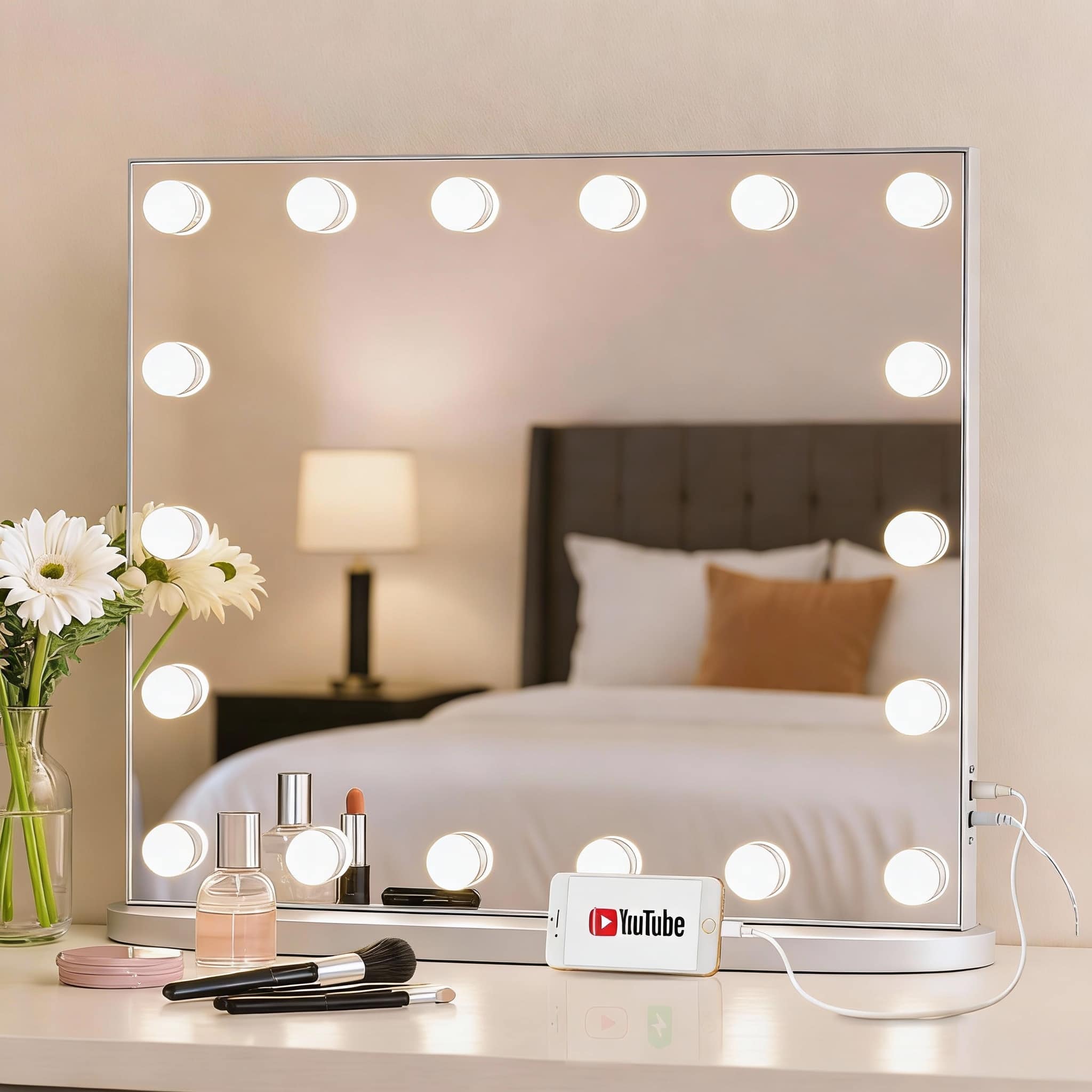 PO3TICJUNKI3 - 23.6" Lighted Vanity Mirror, 18 LED Bulbs, 3 Color Modes, USB Port, Wall/Table Mount - Silver 23.6"L x 20.5"W