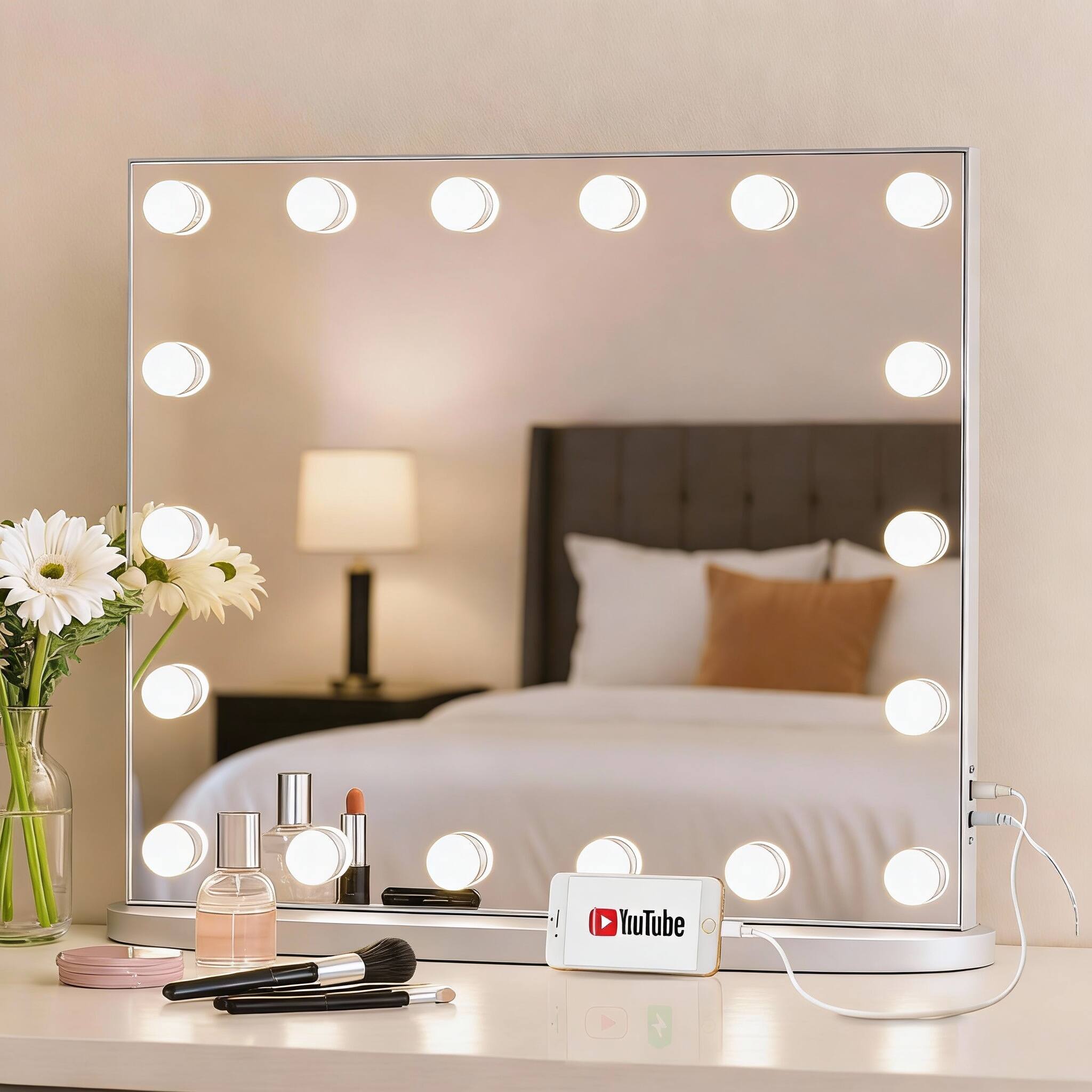 Front. PO3TICJUNKI3 - 23.6" Lighted Vanity Mirror, 18 LED Bulbs, 3 Color Modes, USB Port, Wall/Table Mount - Silver 23.6"L x 20.5"W.