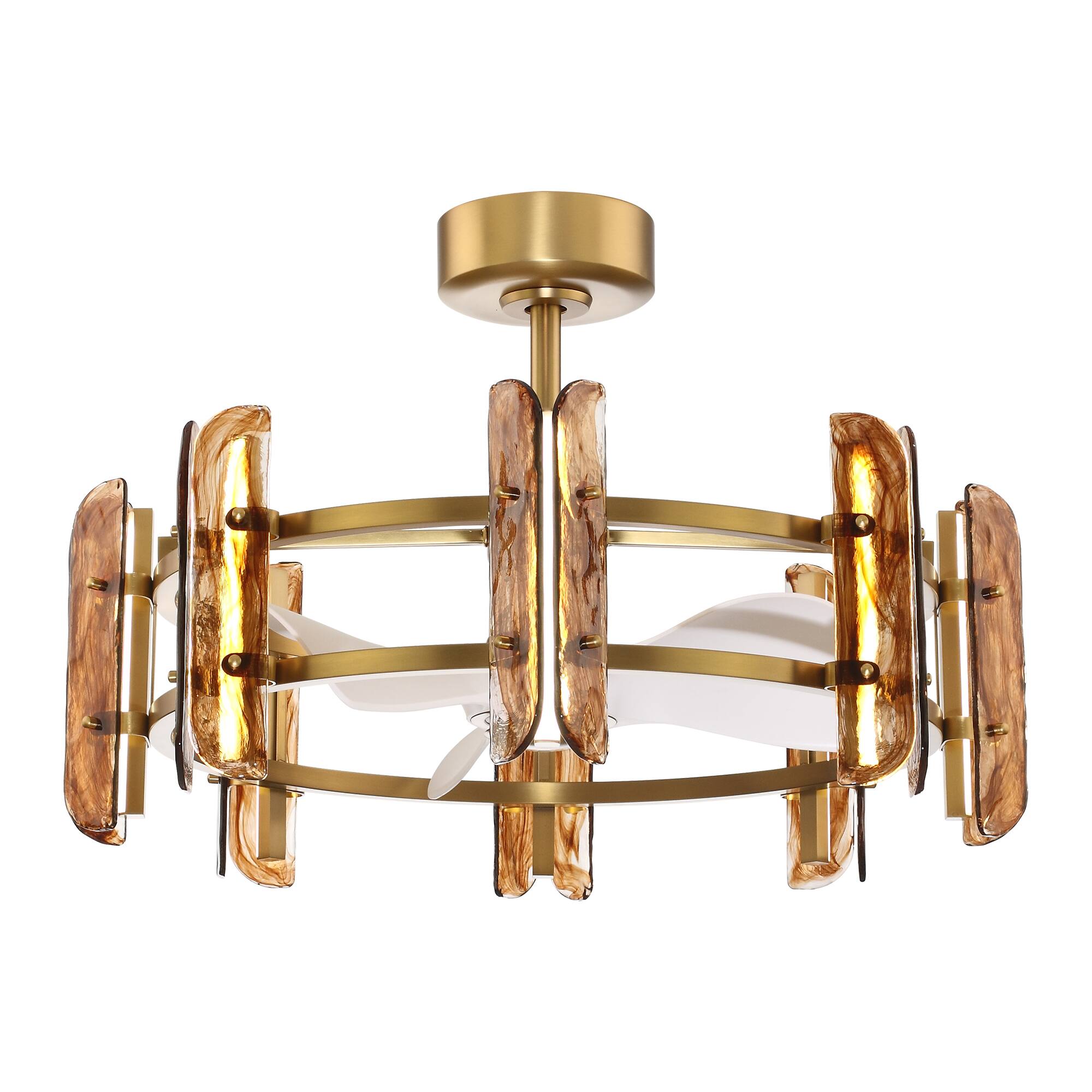 Alt View 4. Perimost - 32" Modern Amber Art Glass Gold Ceiling Fan Chandelier with Light and Remote, DC Reversible Motor - Gold.