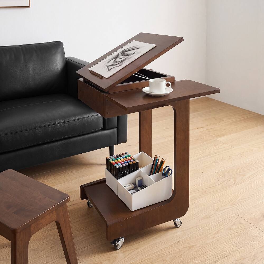 Angle. Loheer - Loheer Solid Wood C Shaped End Table Rolling Side Table Walnut - Walnut.