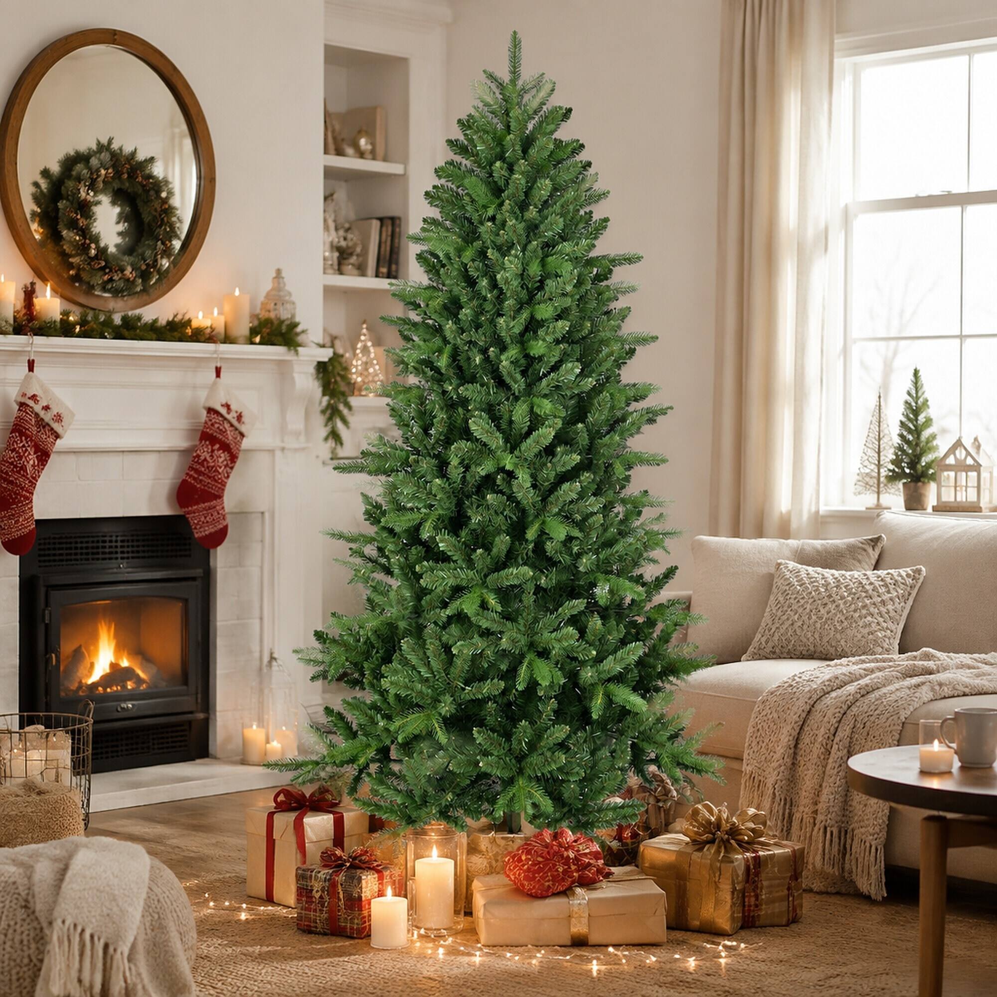 Angle. RYHNUYNE - 6Ft Artificial Christmas Tree, 1168 Branch Tips Full Lush Hinged Pine Mixed Needles Easy Assembly - Green.