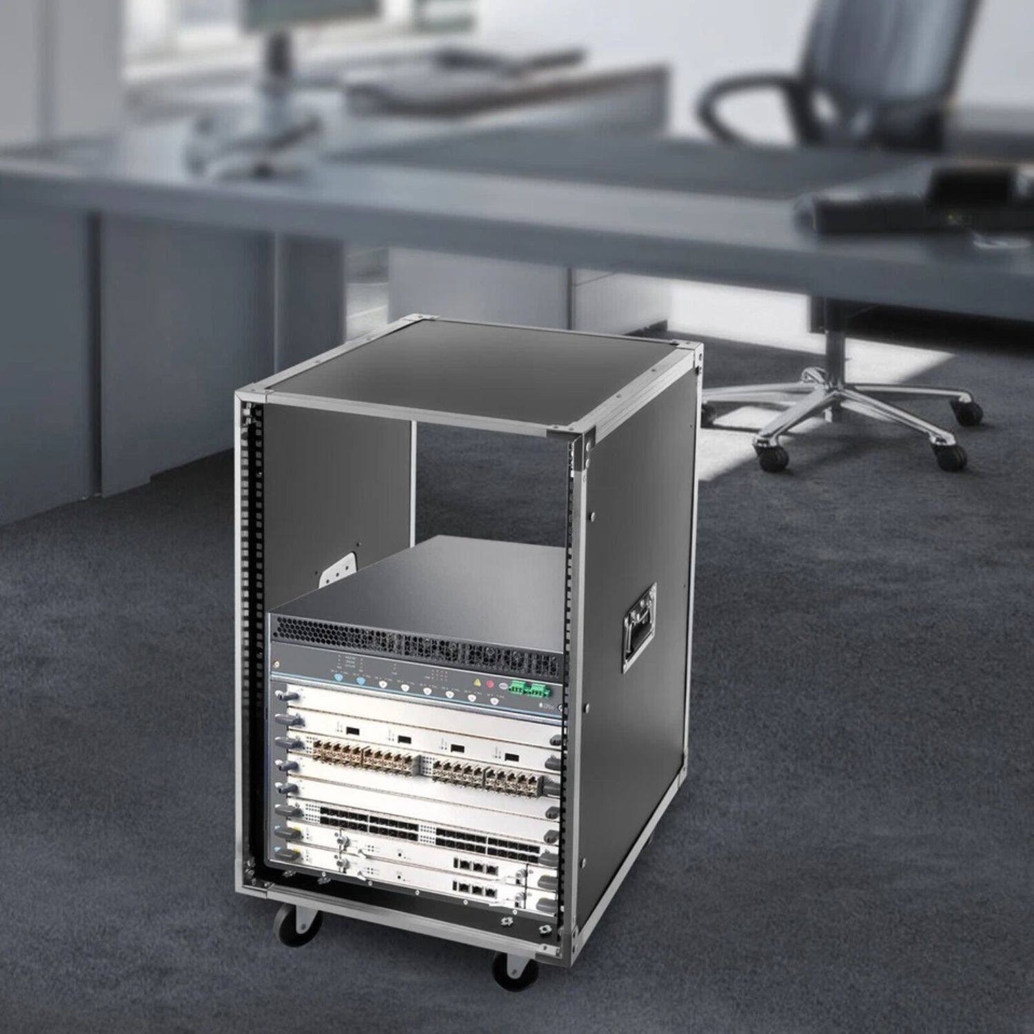 Angle. Stock Preferred - 19-Inch 16U Rolling Open Frame Server Rack Cabinet with Casters - Black.