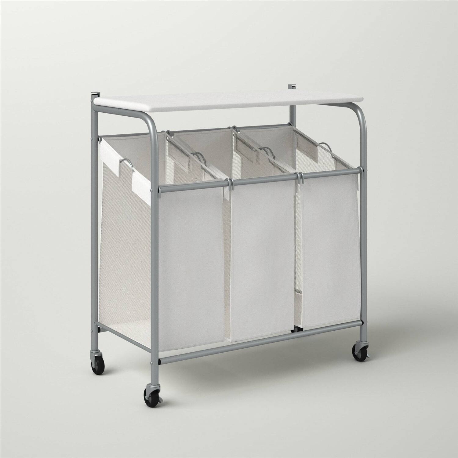Left. Hivvago - 3 Section Wheeled Laundry Sorter Cart with Lift Top Folding Ironing Board - Silver.