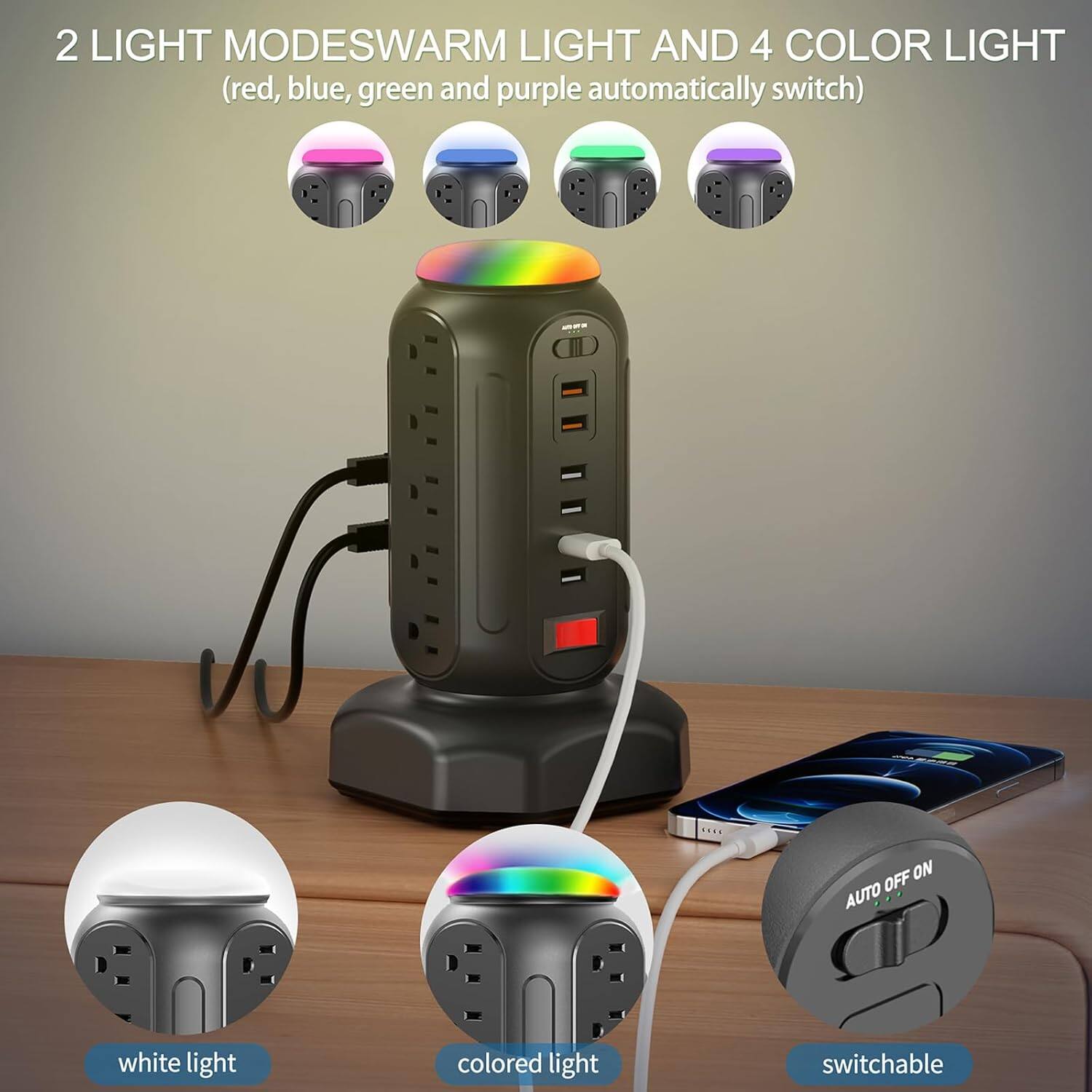 2 LIGHT MODESWARM LIGHT AND 4 COLOR LIGHT (red, blue, green and purple automatically switch)  
OFF ON AUTO  
white light colored light switchable
