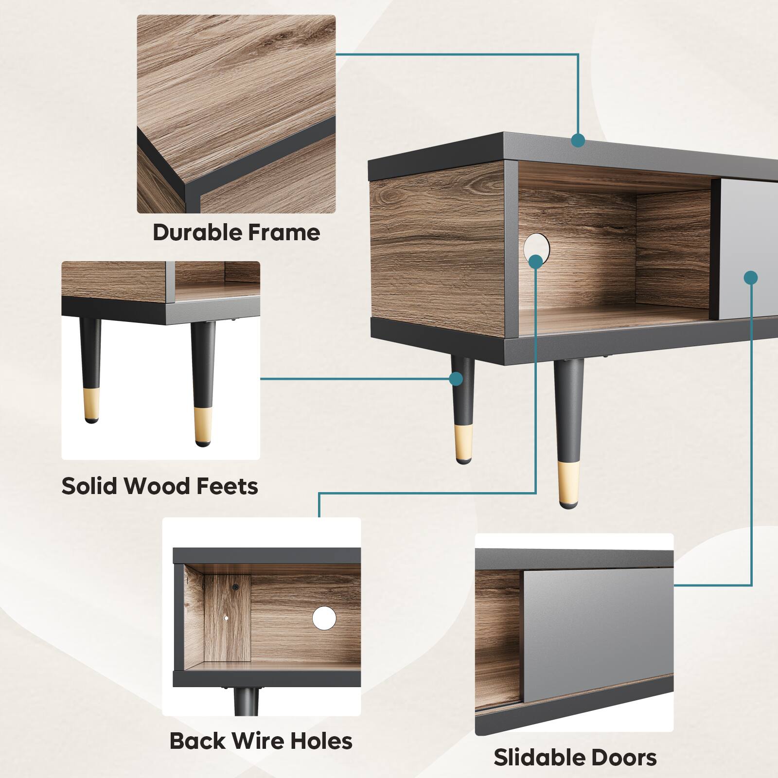 Durable Frame Solid Wood Feet Back Wire Holes Slidable Doors