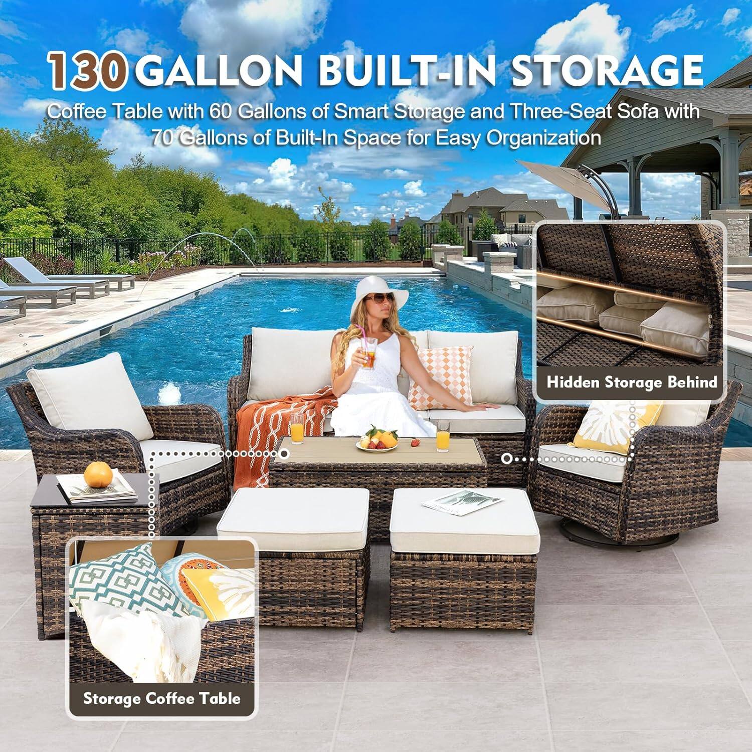 130 GALLON BUILT-IN STORAGE  
Coffee Table with 60 Gallons of Smart Storage and Three-Seat Sofa with 70 Gallons of Built-In Space for Easy Organization  

Hidden Storage Behind Storage Coffee Table