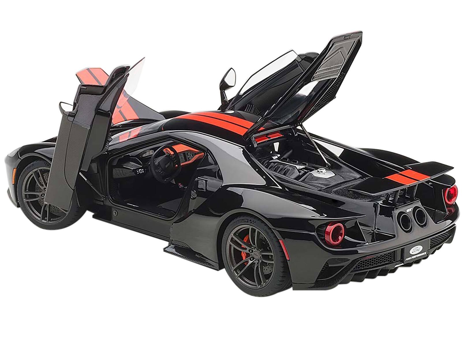 Angle. Autoart - 2017 Ford GT Shadow Black with Orange Stripes 1/18 Model Car by Autoart - Shadow Black With Orange Stripes.