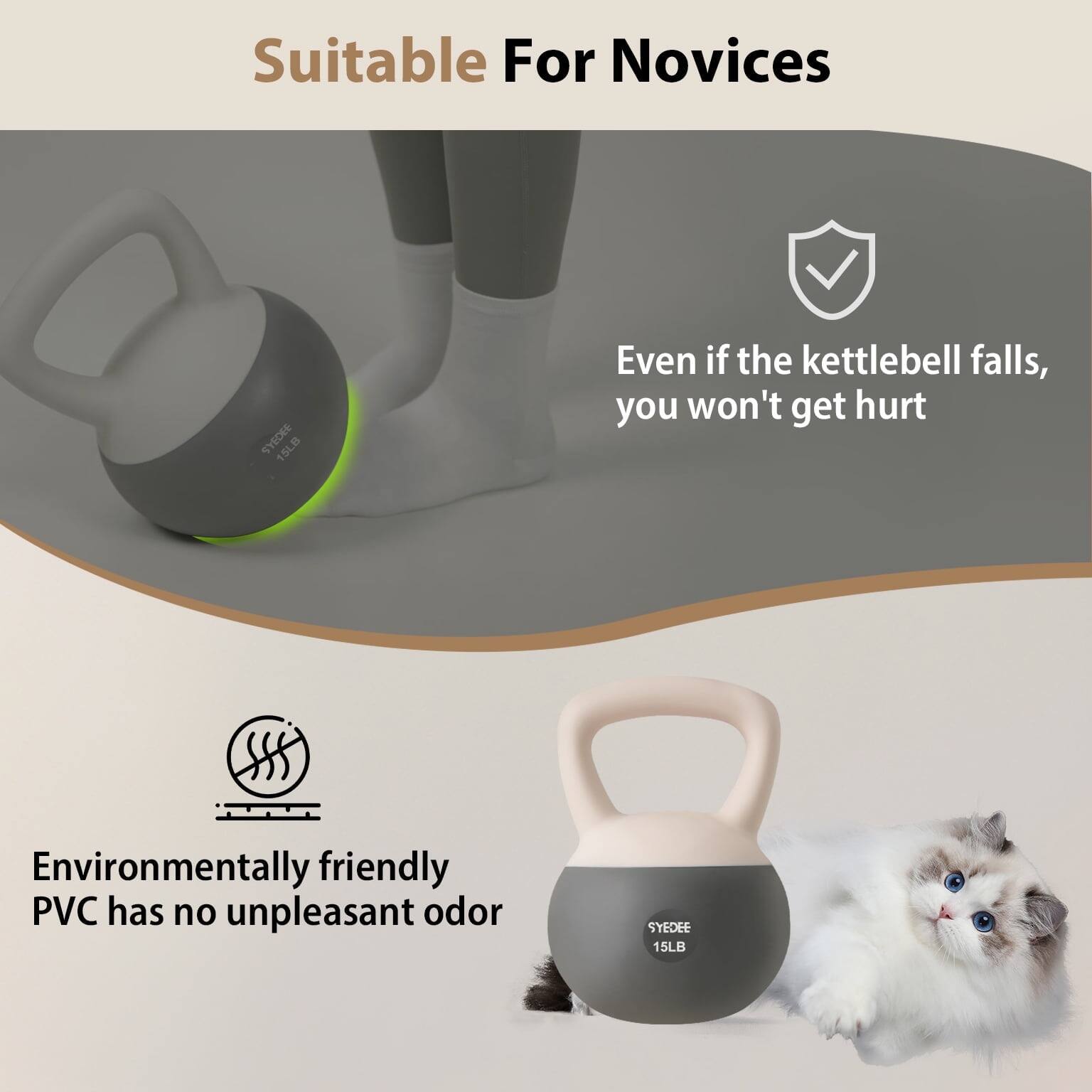 Suitable For Novices

SYEDEE 15LB

Even if the kettlebell falls, you won't get hurt

Environmentally friendly PVC has no unpleasant odor