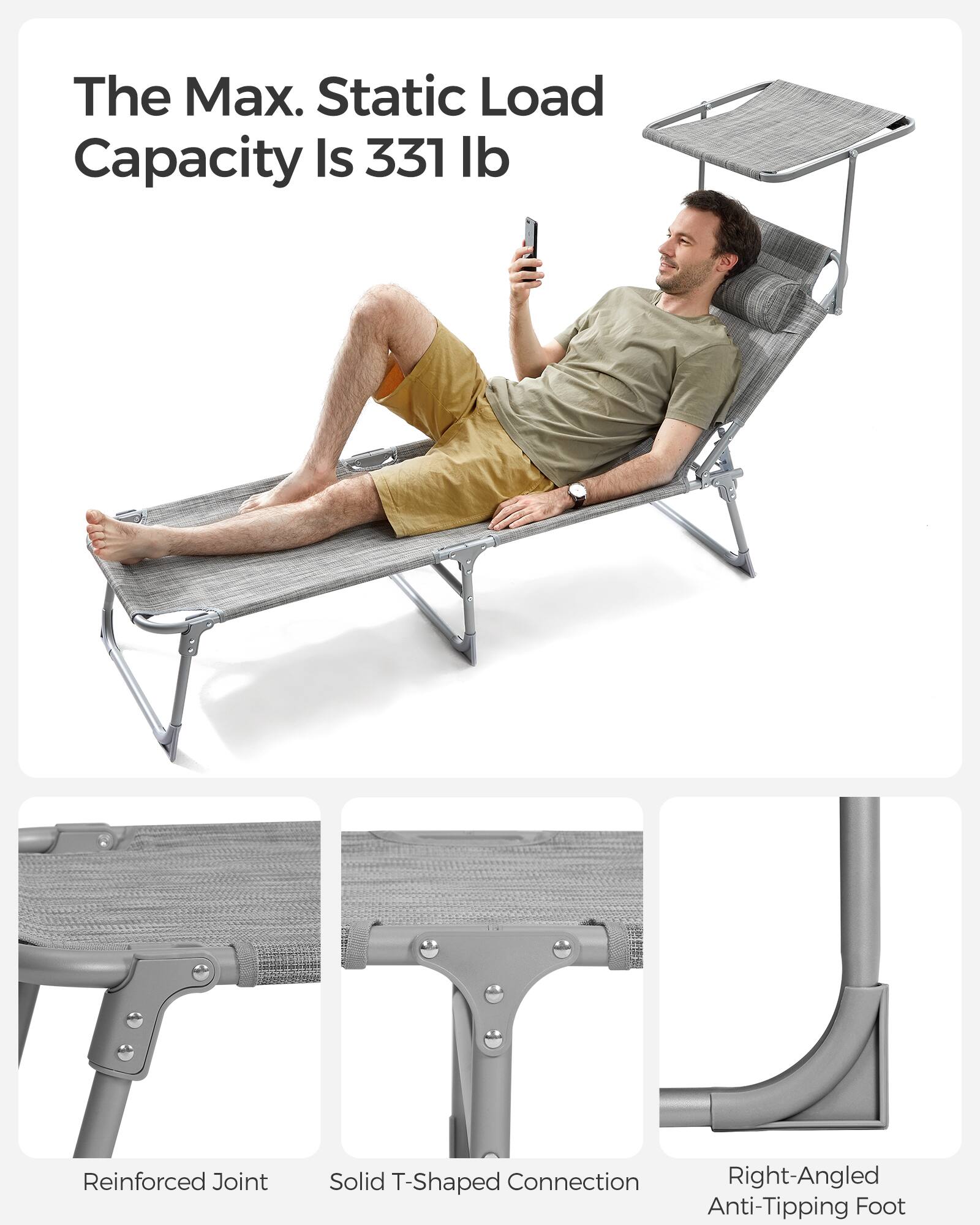 The Max. Static Load Capacity Is 331 lb

- Reinforced Joint
- Solid T-Shaped Connection
- Right-Angled Anti-Tipping Foot