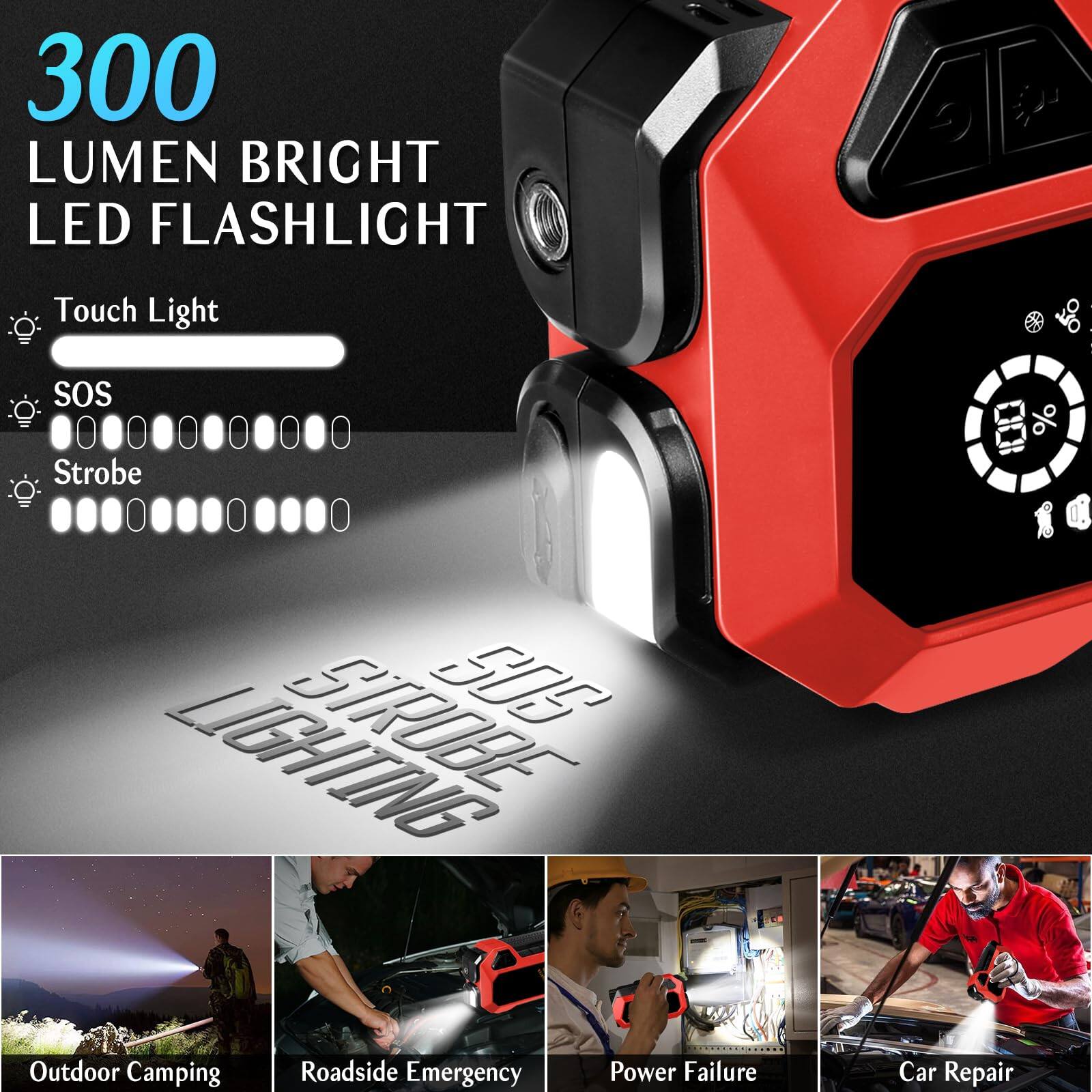 300 LUMEN BRIGHT LED FLASHLIGHT

- Touch Light
- SOS
- Strobe

500 STROBE LIGHTING

Outdoor Camping  
Roadside Emergency  
Power Failure  
Car Repair